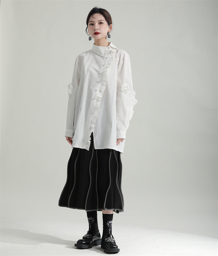 Special Asymmetric Collar Solid Color Long Sleeve Shirt