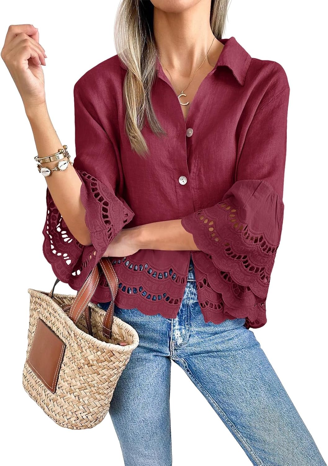 PinkLaura 2025 Women's 3/4 Bell Sleeve Button Down Eyelet Blouse (Buy 2 Free Shipping）