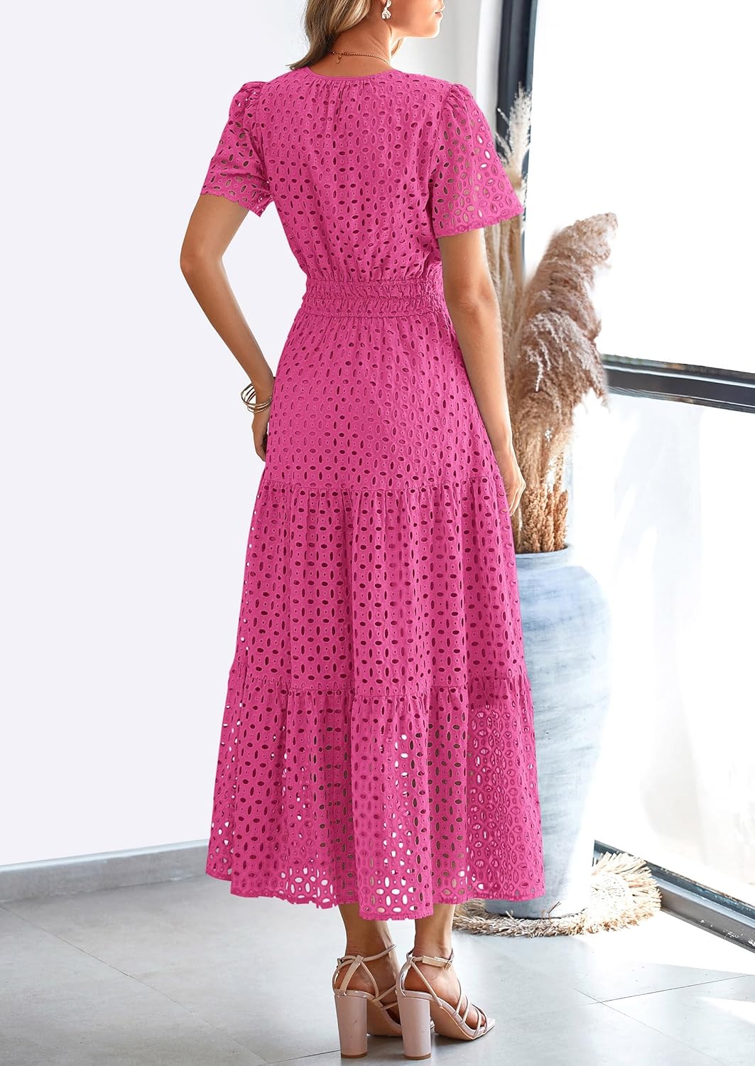 Women‘s Short Sleeve V Neck Eyelet A-Line Maxi Dress (Buy 2 Free Shipping)