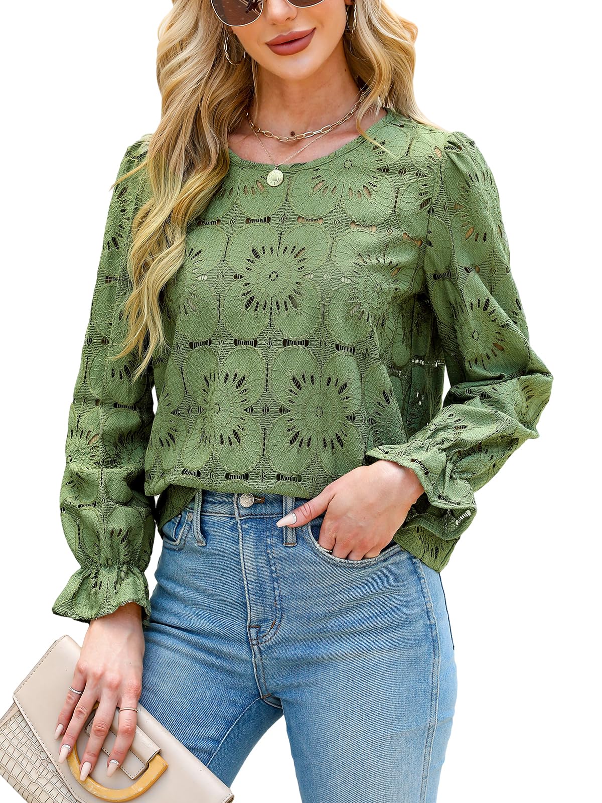 Women Eyelet Long Sleeve Tops