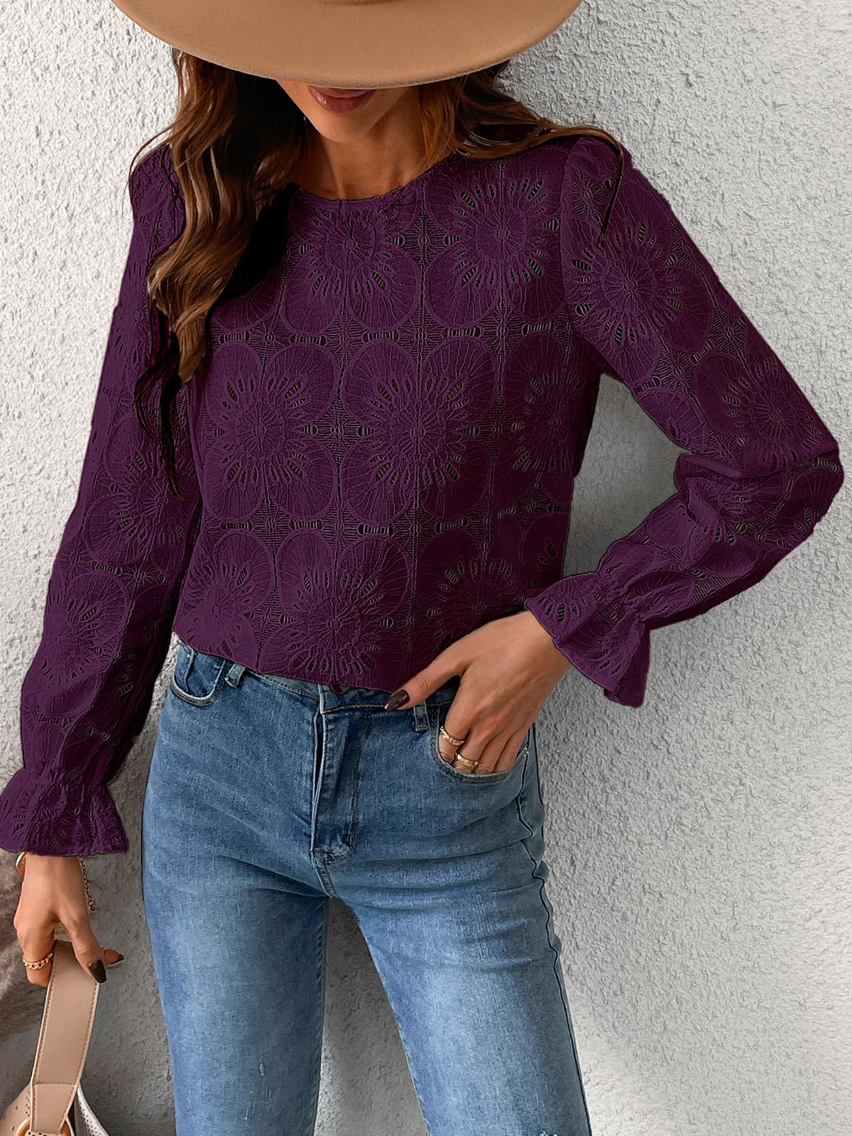 Women Eyelet Long Sleeve Tops