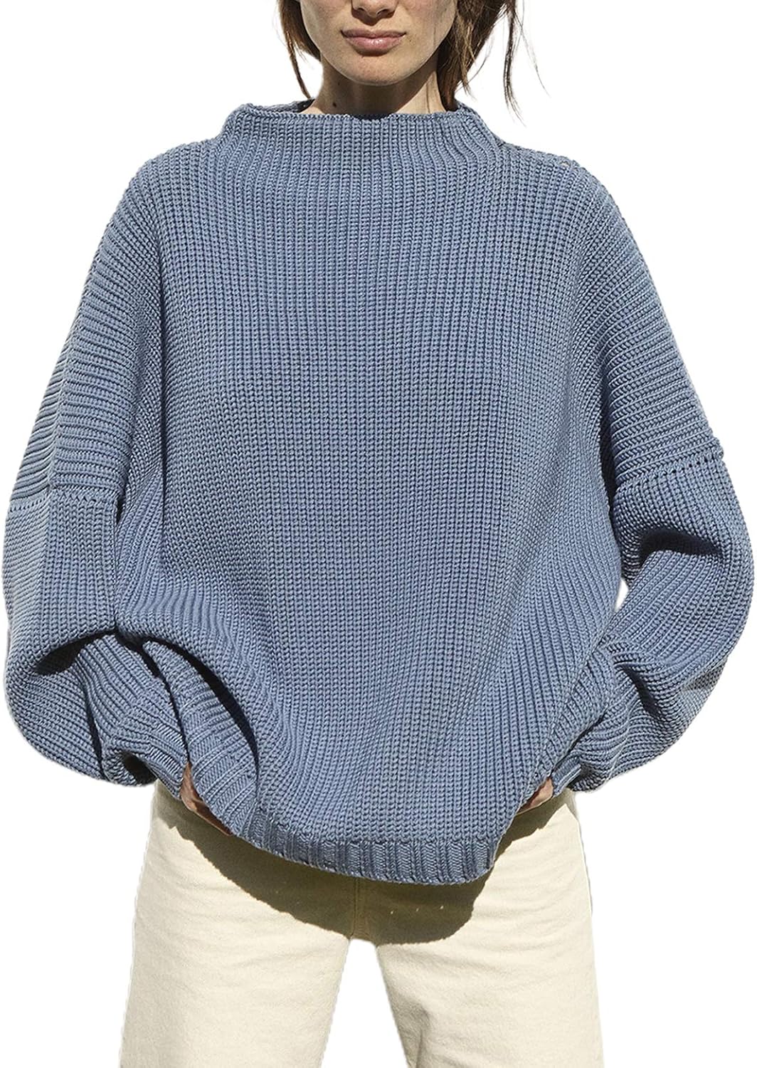 Women's Oversized Sweaters Batwing Sleeve Mock Neck Jumper Tops Chunky Knit Pullover Sweater