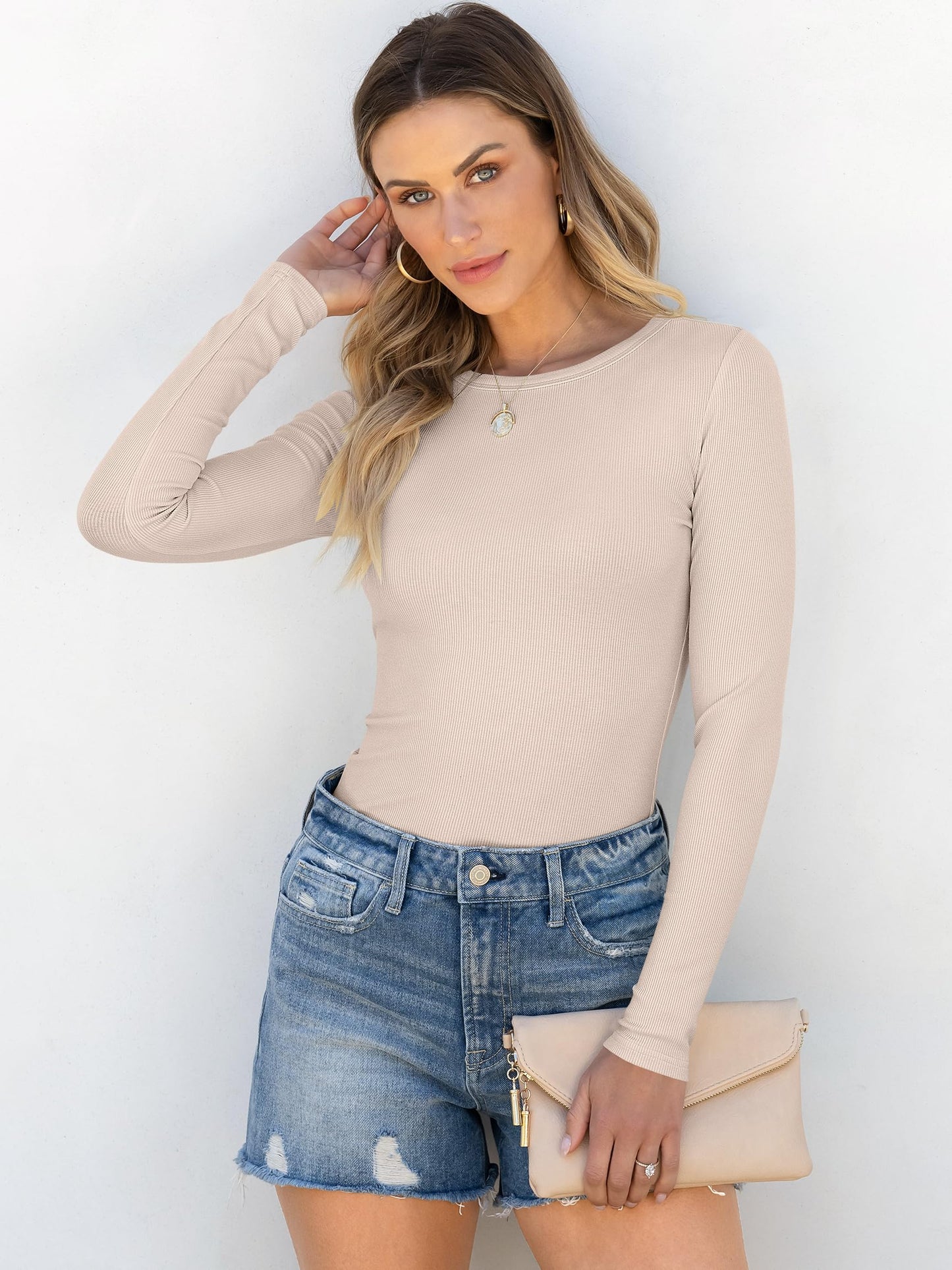 Women Long Sleeve Crewneck Rib Knit Slim Fit Shirts Basic Tee Tops