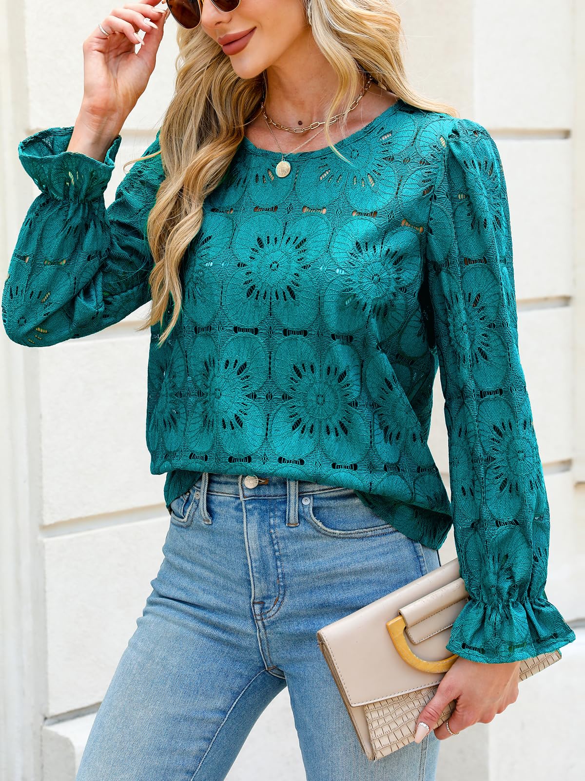 Women Eyelet Long Sleeve Tops