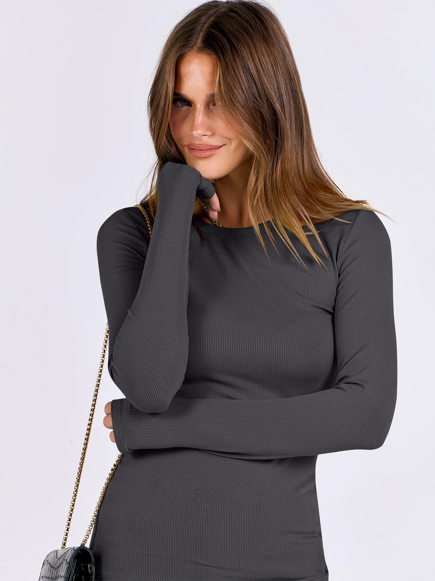 Women Long Sleeve Crewneck Rib Knit Slim Fit Shirts Basic Tee Tops