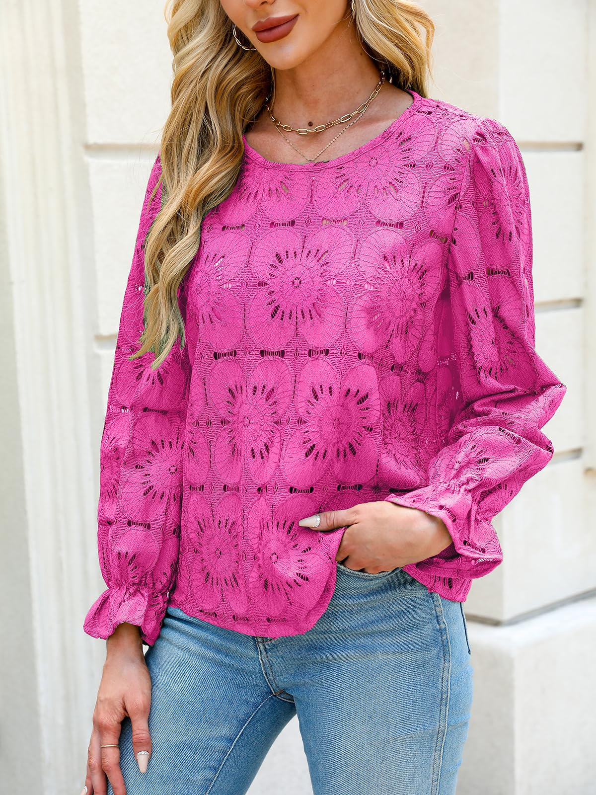 Women Eyelet Long Sleeve Tops