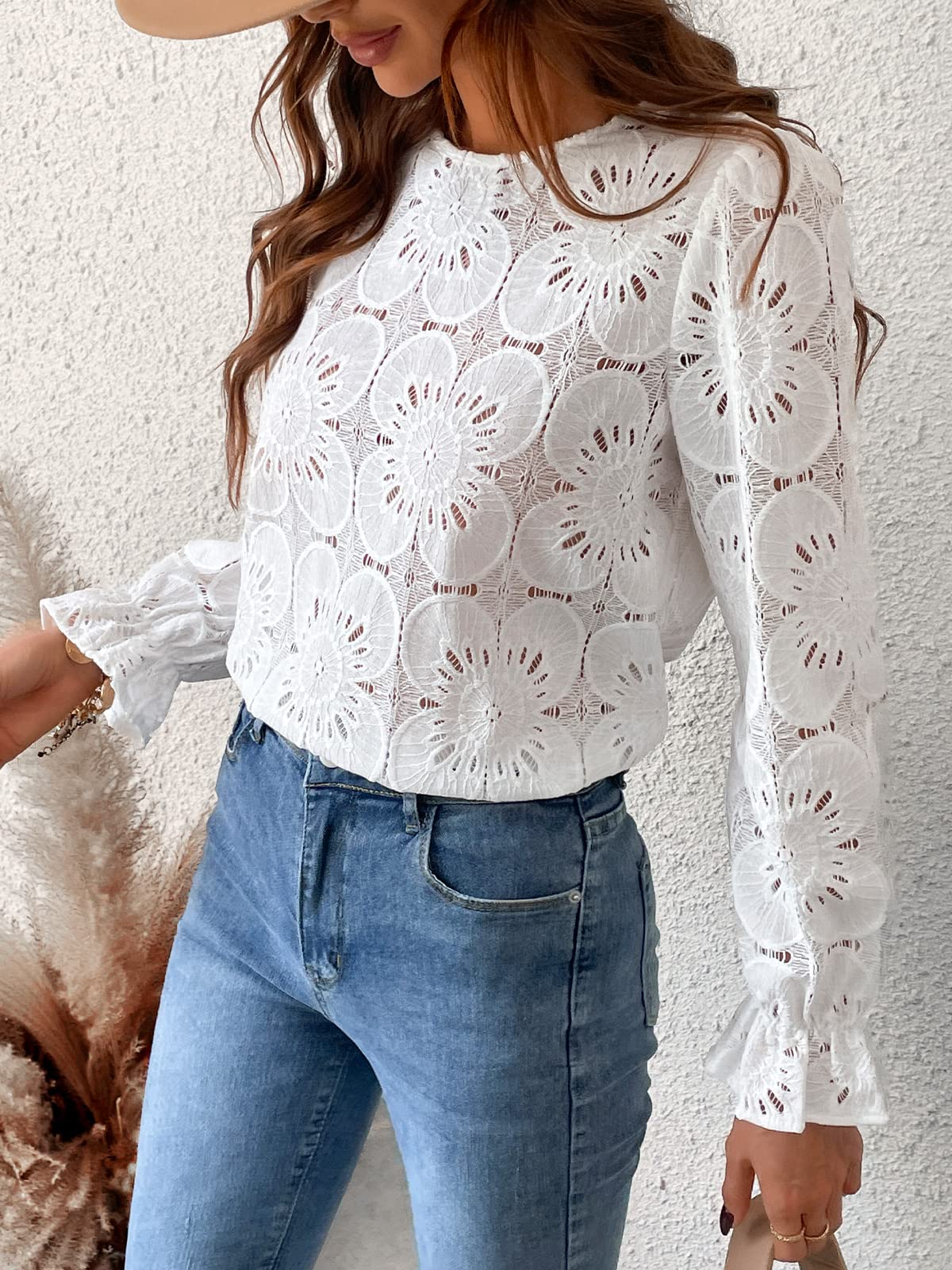 Women Eyelet Long Sleeve Tops
