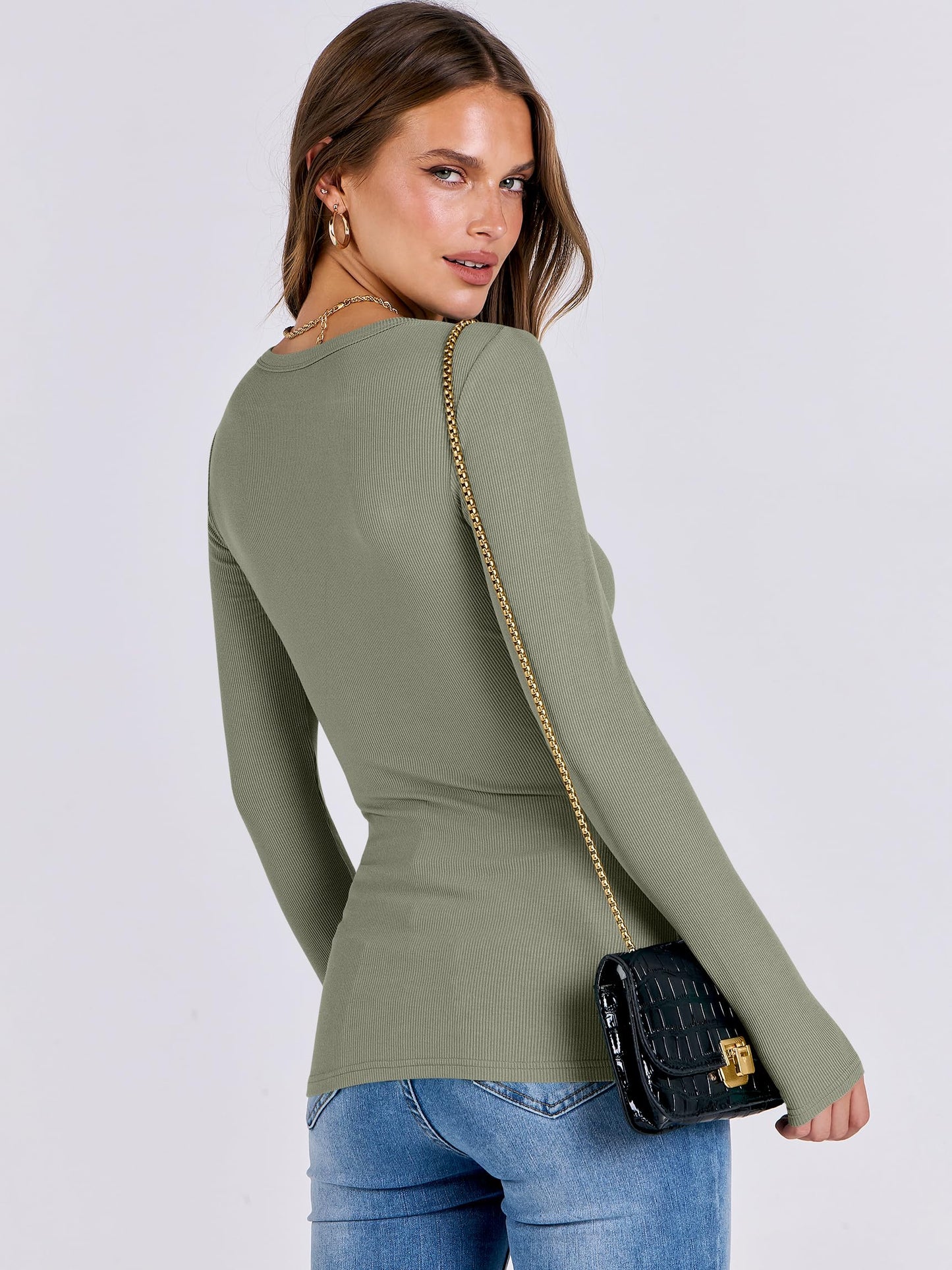 Women Long Sleeve Crewneck Rib Knit Slim Fit Shirts Basic Tee Tops