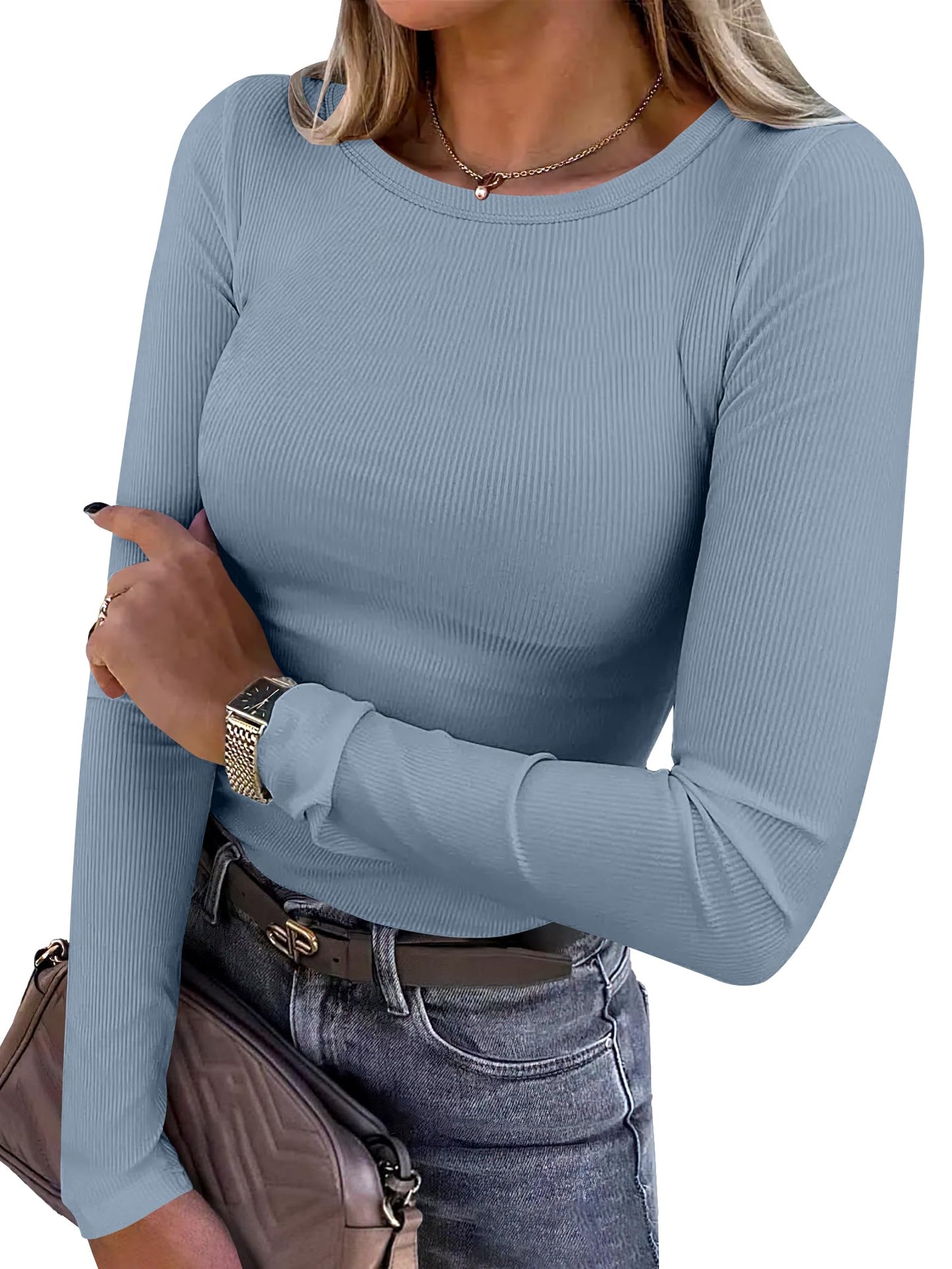 Women Long Sleeve Crewneck Rib Knit Slim Fit Shirts Basic Tee Tops
