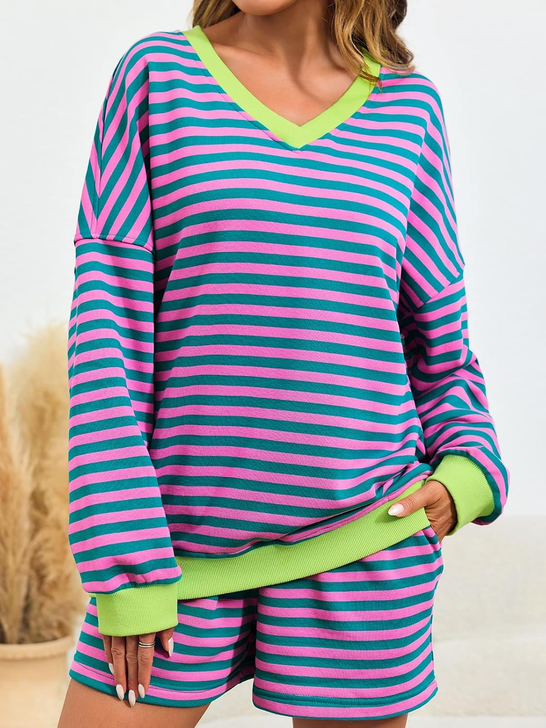 Striped Casual V-Neck Oversized Sweatshirt And Drawstring Shorts Set (Buy 2 Free Shipping)