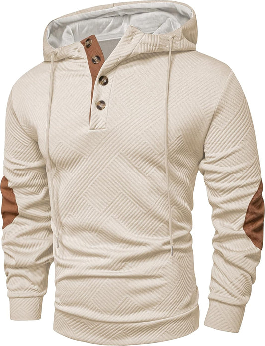 JMIERR Mens Hoodies Casual Cotton Textured Long Sleeve Half Button Pullover Hooded Sweatshirts