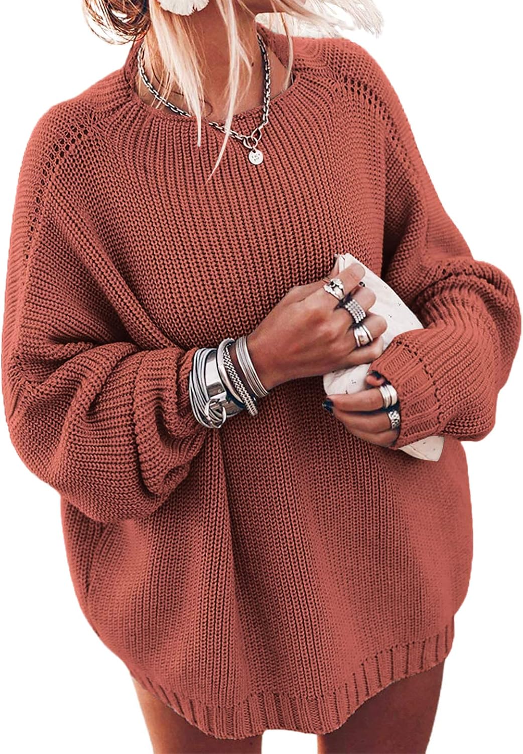 Women's Oversized Sweaters Batwing Sleeve Mock Neck Jumper Tops Chunky Knit Pullover Sweater
