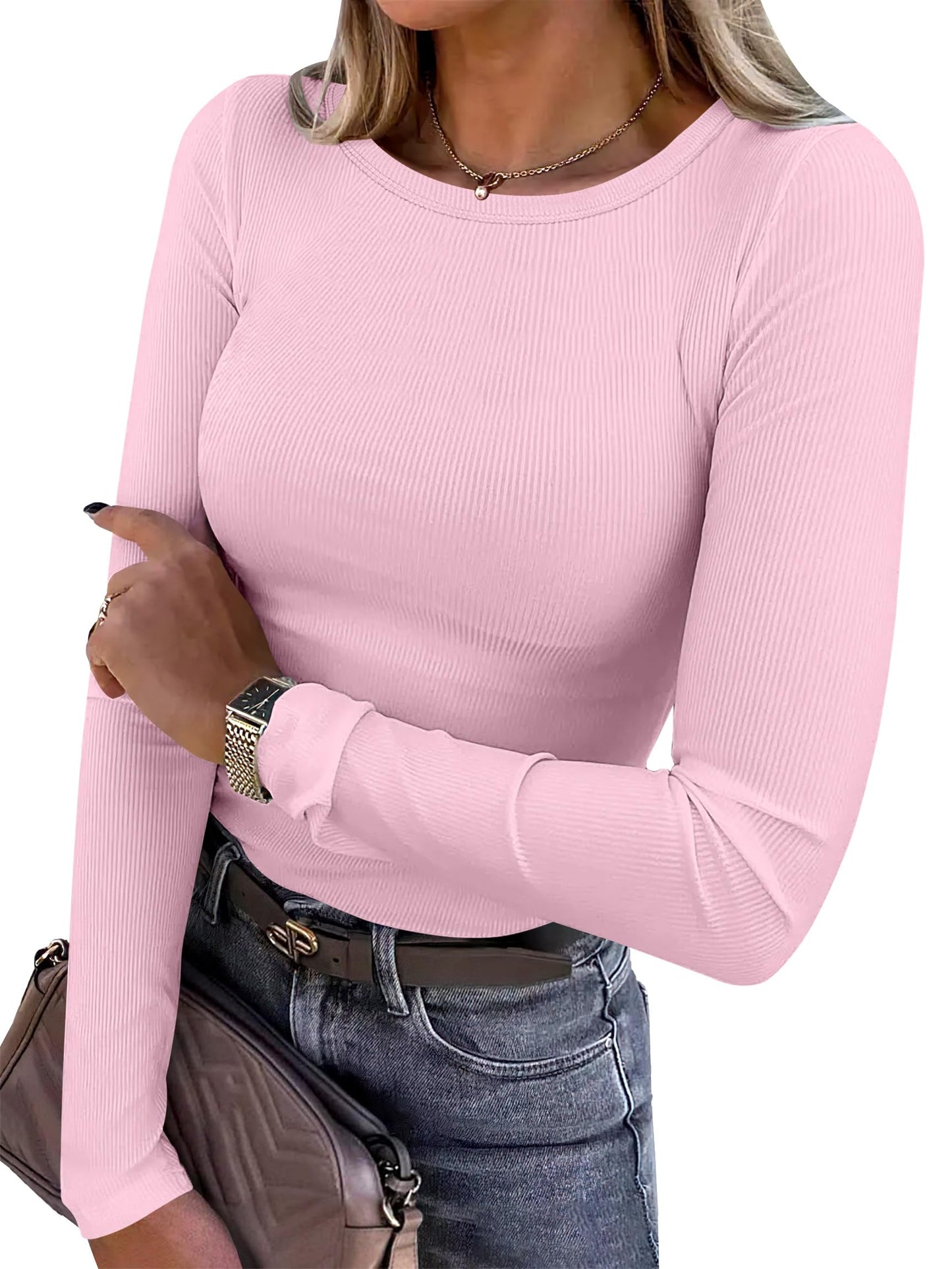 Women Long Sleeve Crewneck Rib Knit Slim Fit Shirts Basic Tee Tops