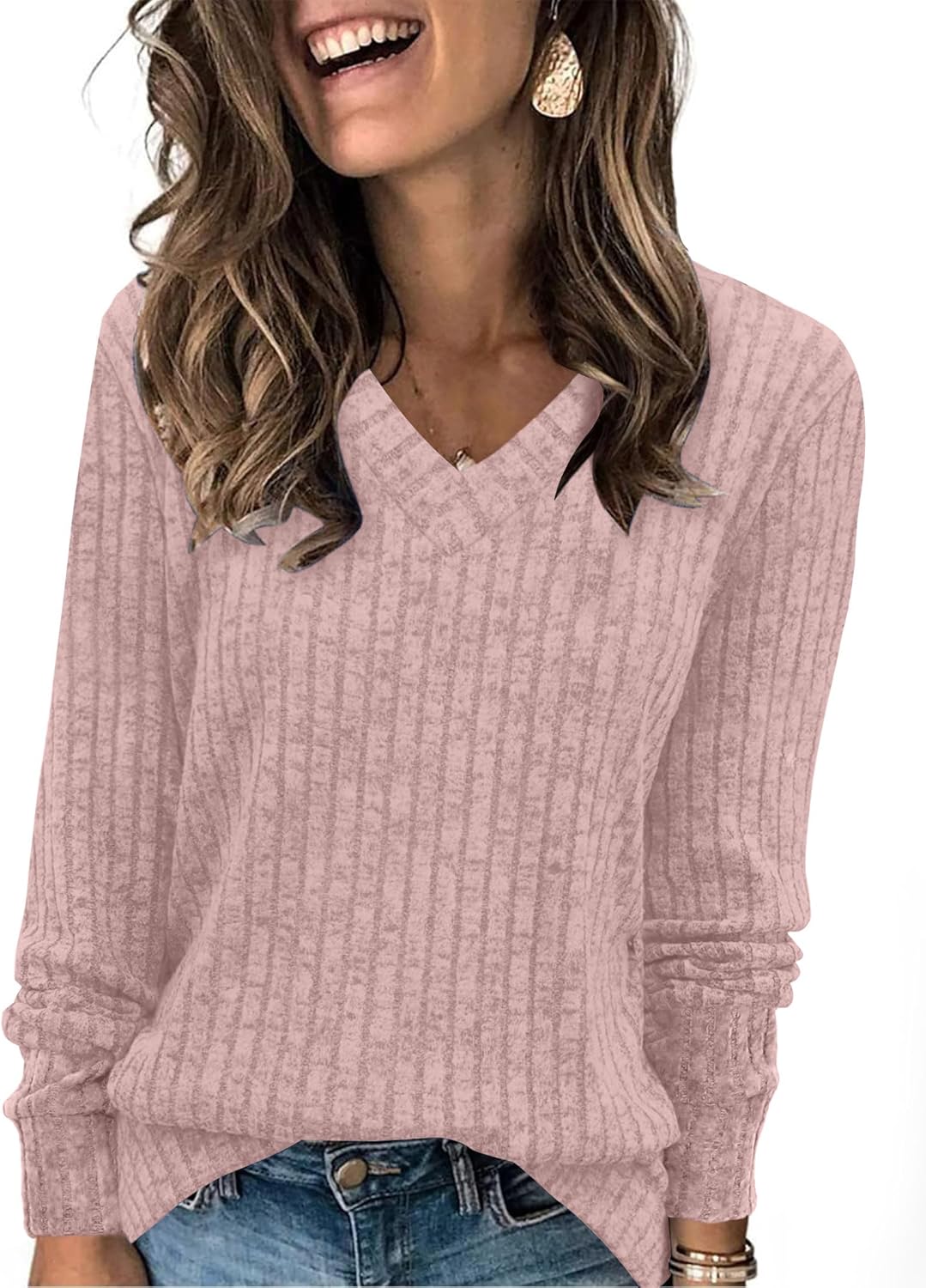 V Neck Long Sleeve Shirts for Women Casual Fall Tops Lightweight Tunic Sweaters Fashion Clothes 2024