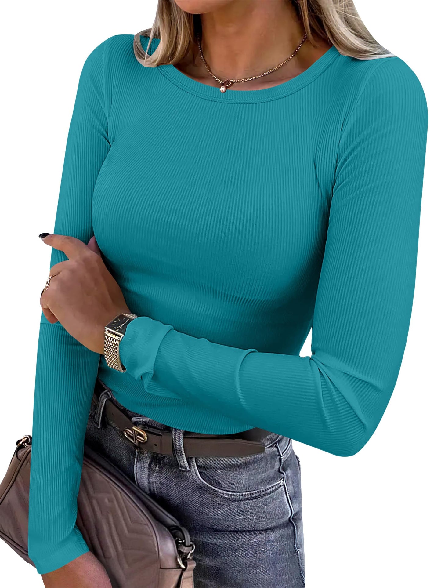 Women Long Sleeve Crewneck Rib Knit Slim Fit Shirts Basic Tee Tops