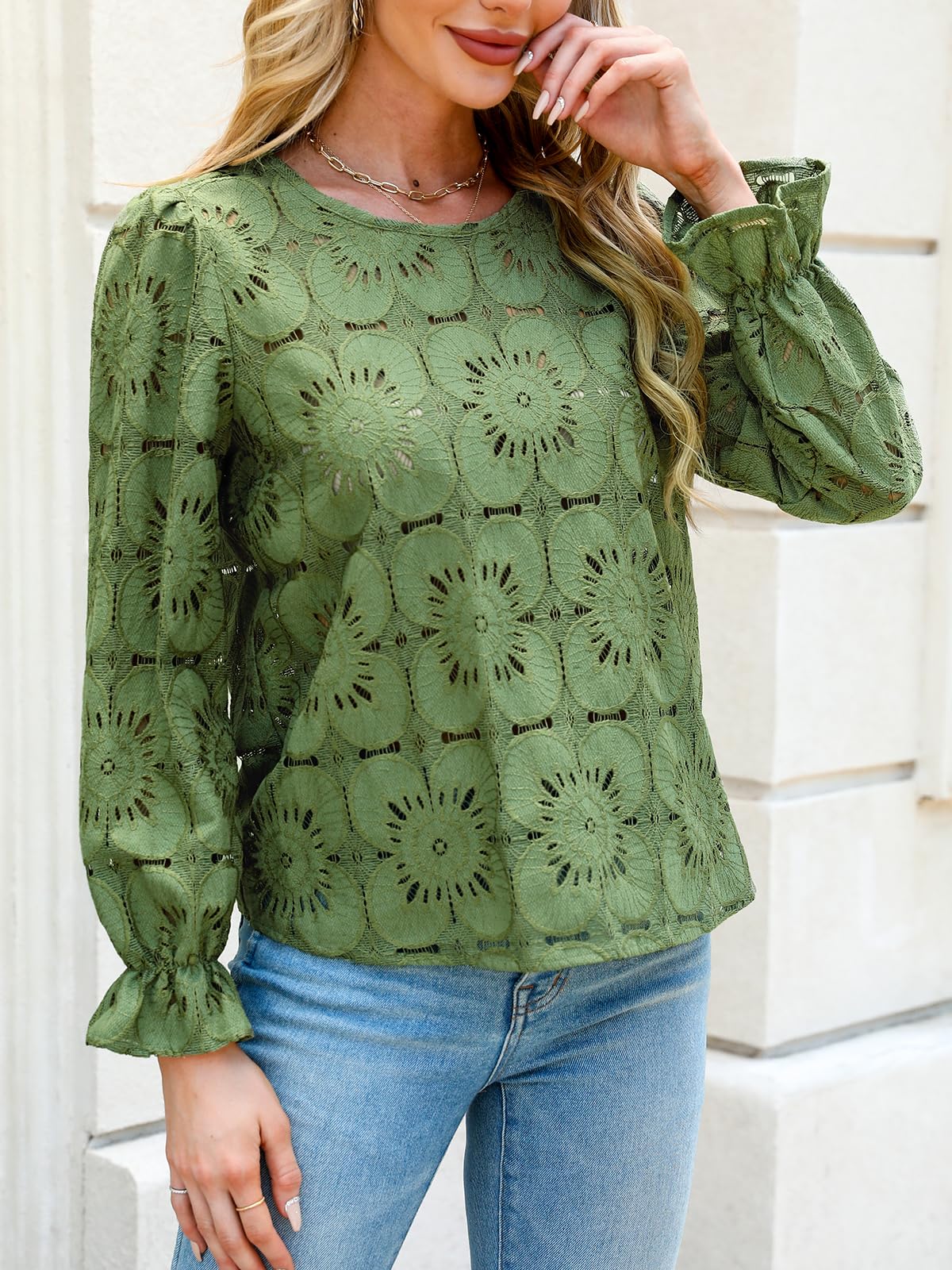 Women Eyelet Long Sleeve Tops