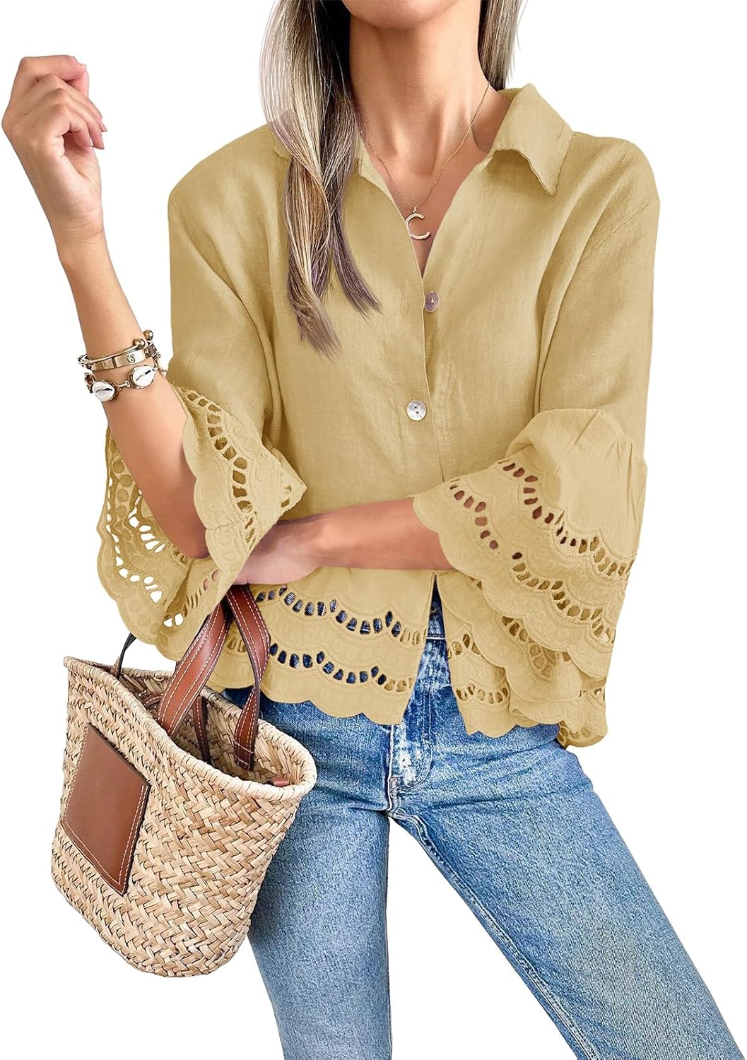 PinkLaura 2025 Women's 3/4 Bell Sleeve Button Down Eyelet Blouse (Buy 2 Free Shipping）