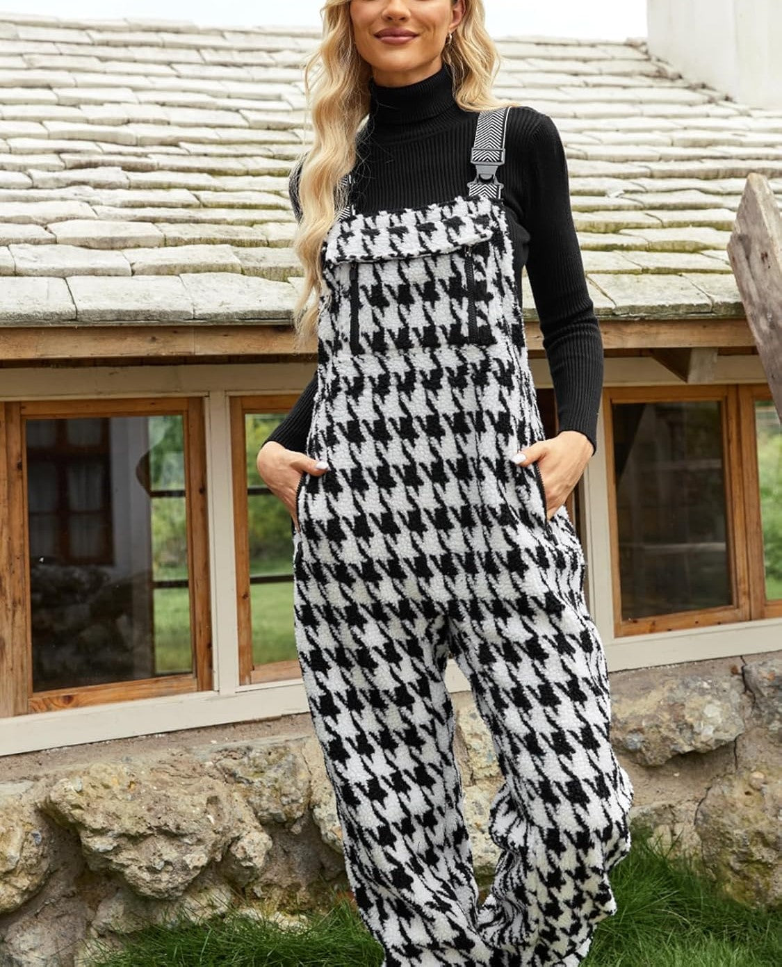 ⛷️Fleece Warm Houndstooth Adjustable Strap Work Jumpsuit  (Buy 2 Free Shipping)