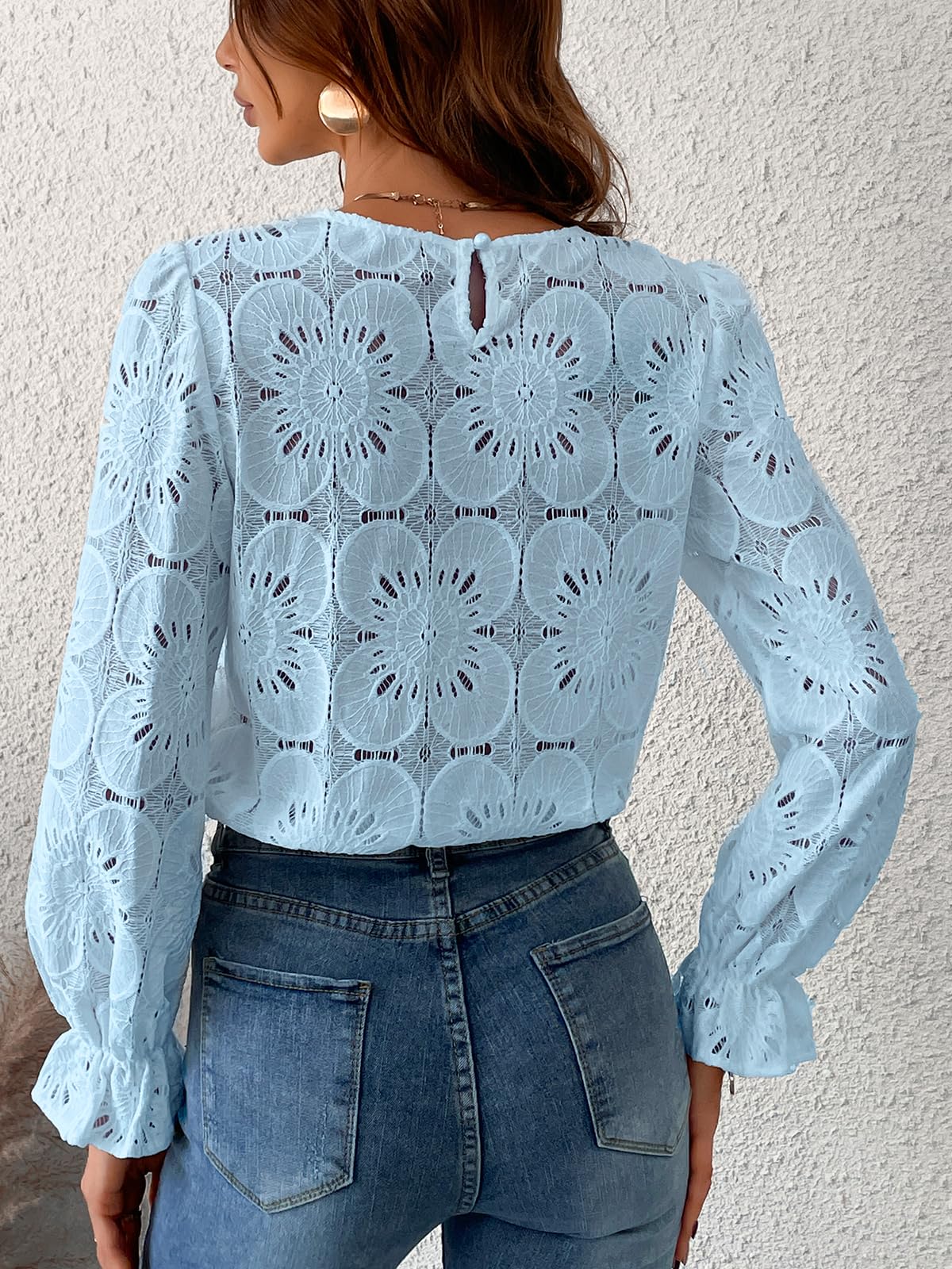Women Eyelet Long Sleeve Tops