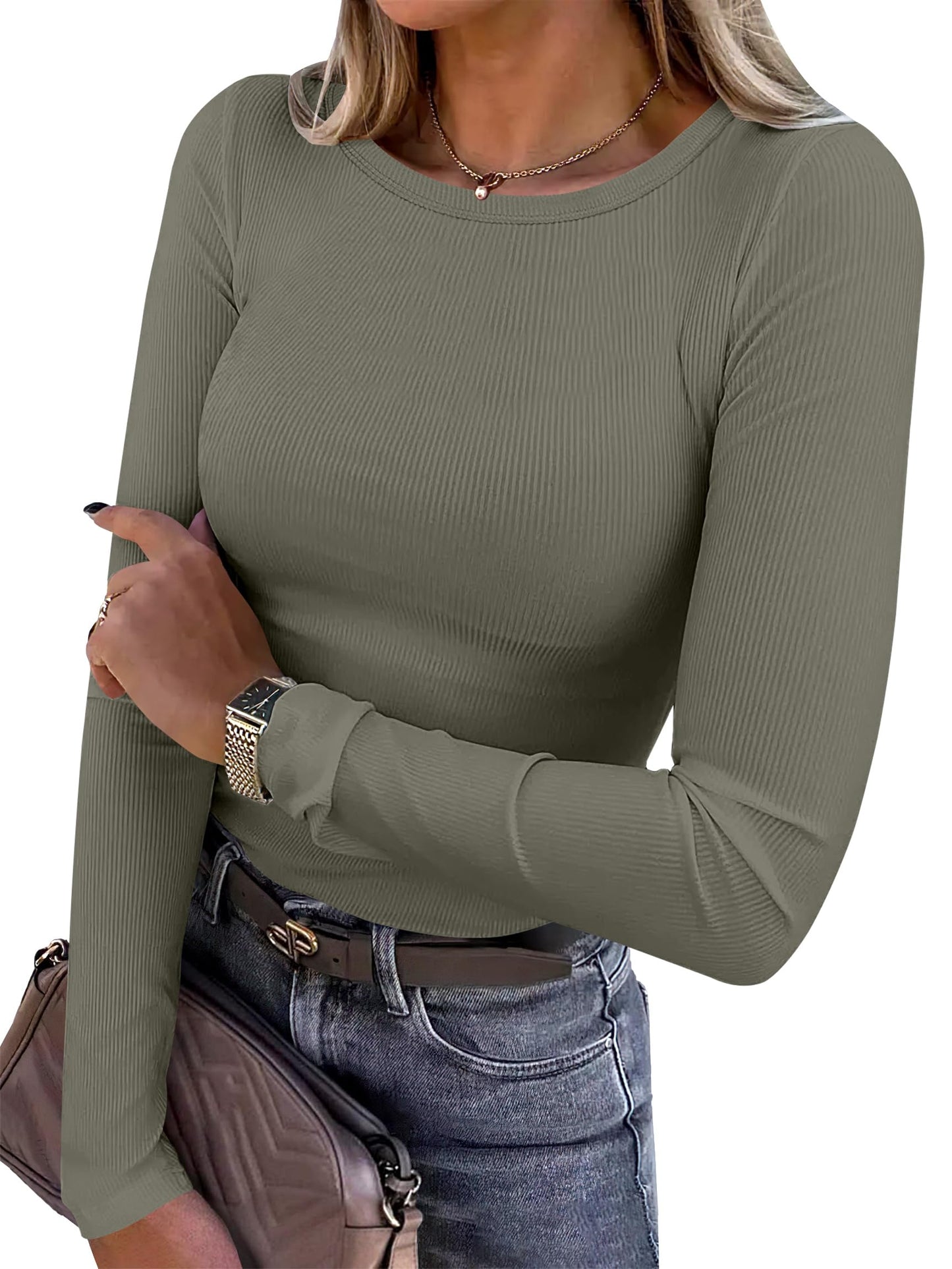 Women Long Sleeve Crewneck Rib Knit Slim Fit Shirts Basic Tee Tops