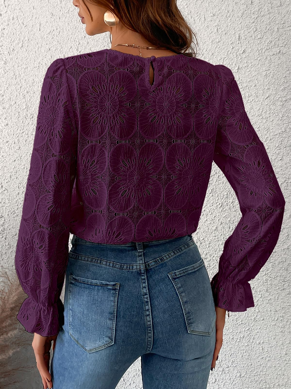 Women Eyelet Long Sleeve Tops