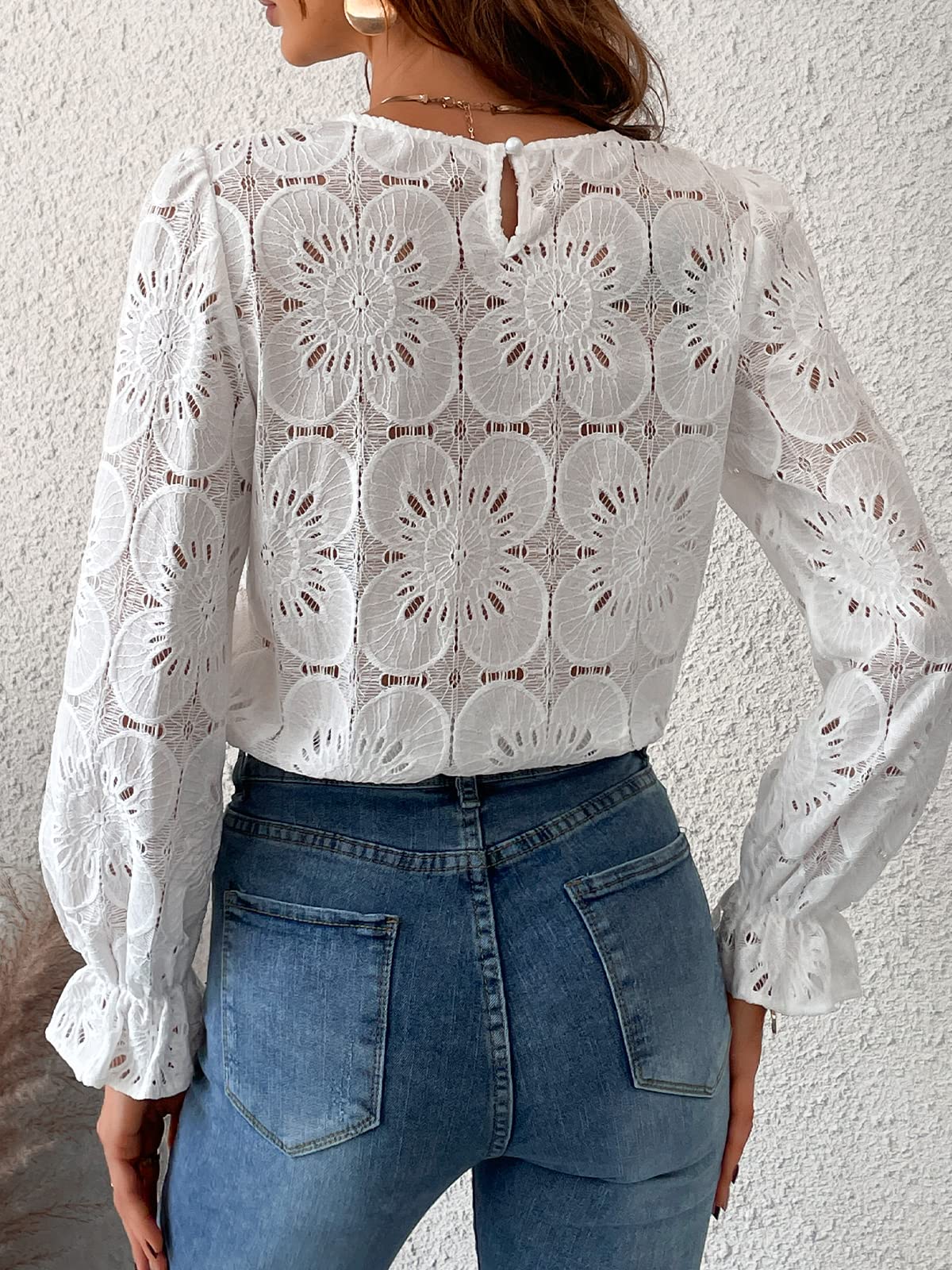 Women Eyelet Long Sleeve Tops