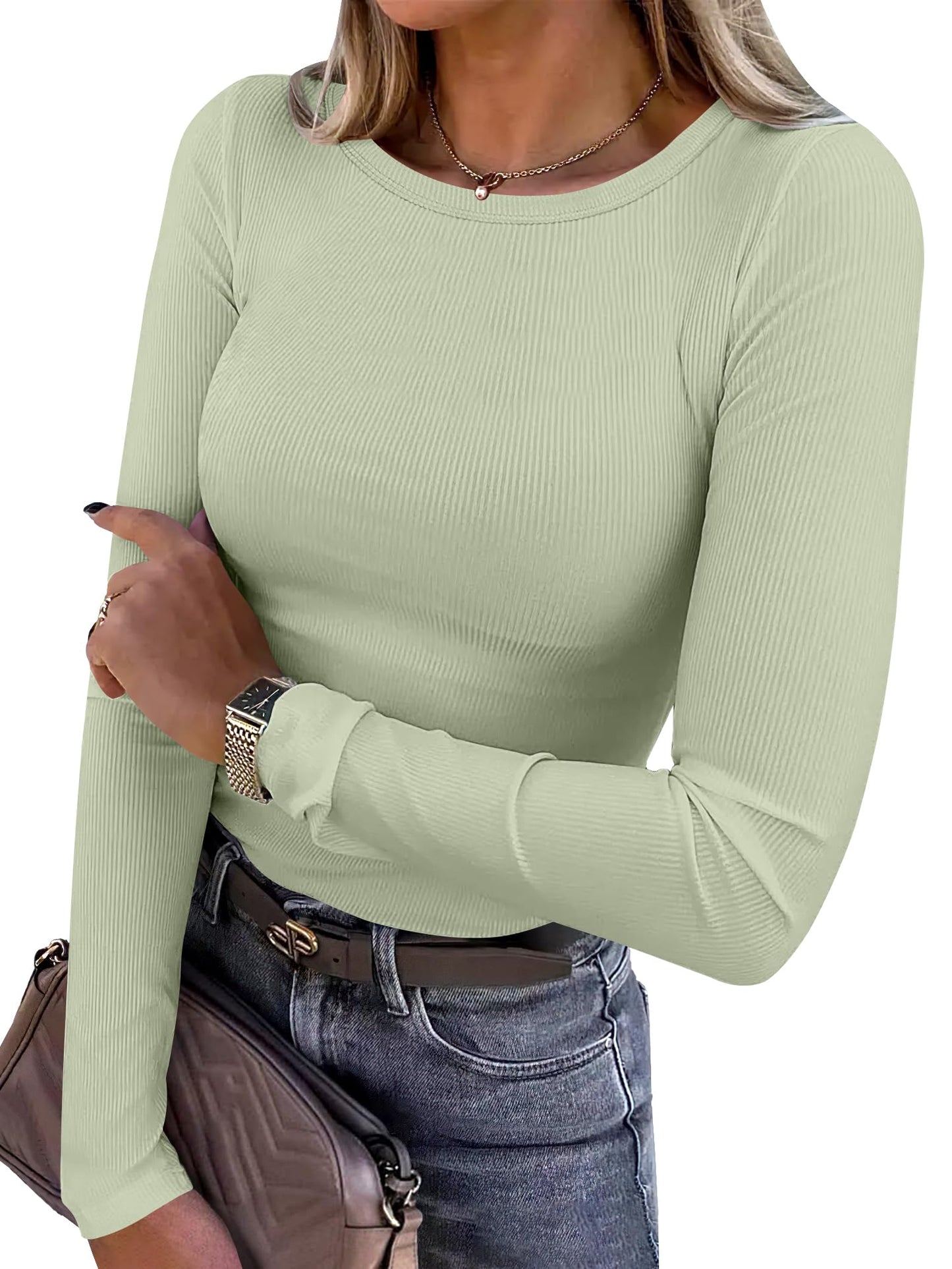 Women Long Sleeve Crewneck Rib Knit Slim Fit Shirts Basic Tee Tops