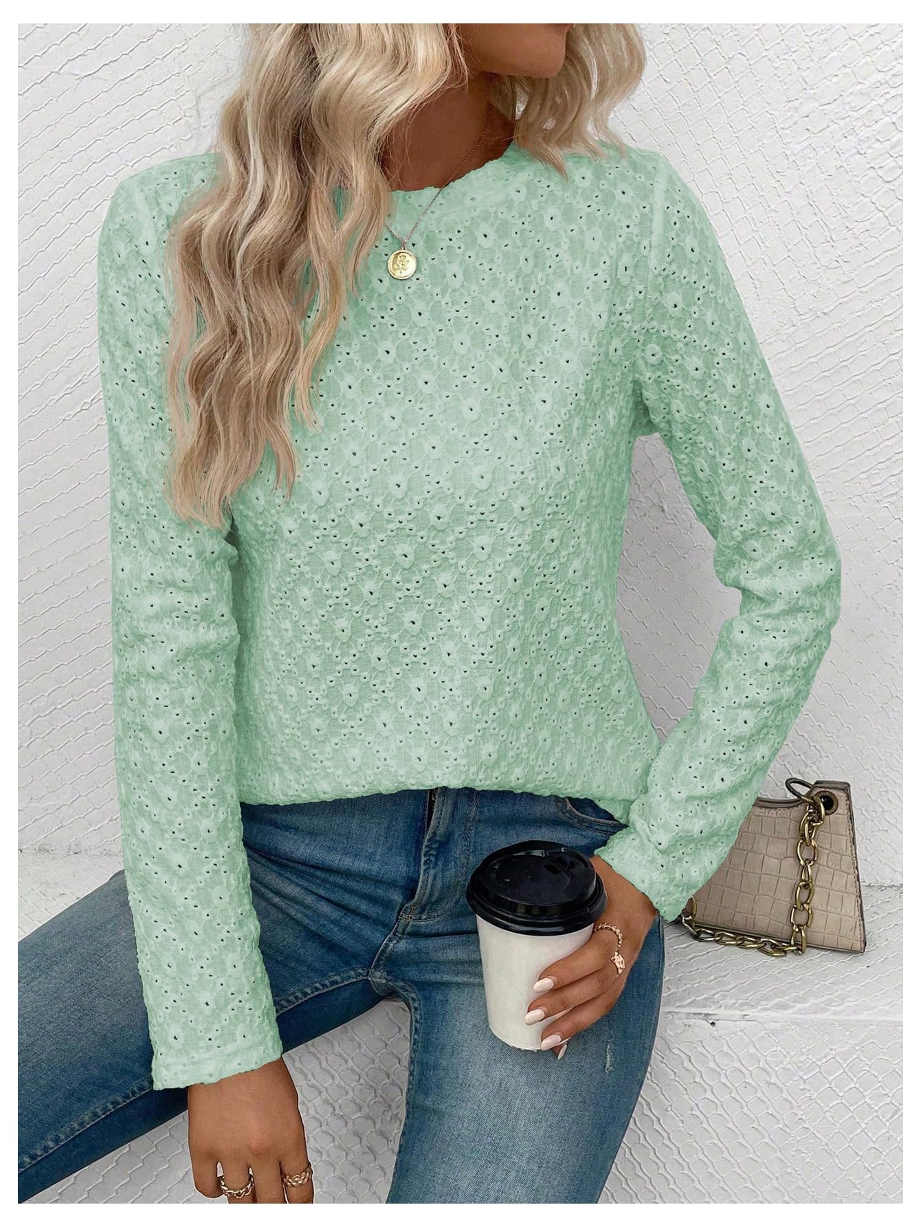 SweatyRocks Women's Eyelet Embroidery Long Sleeve Eyelet Tops