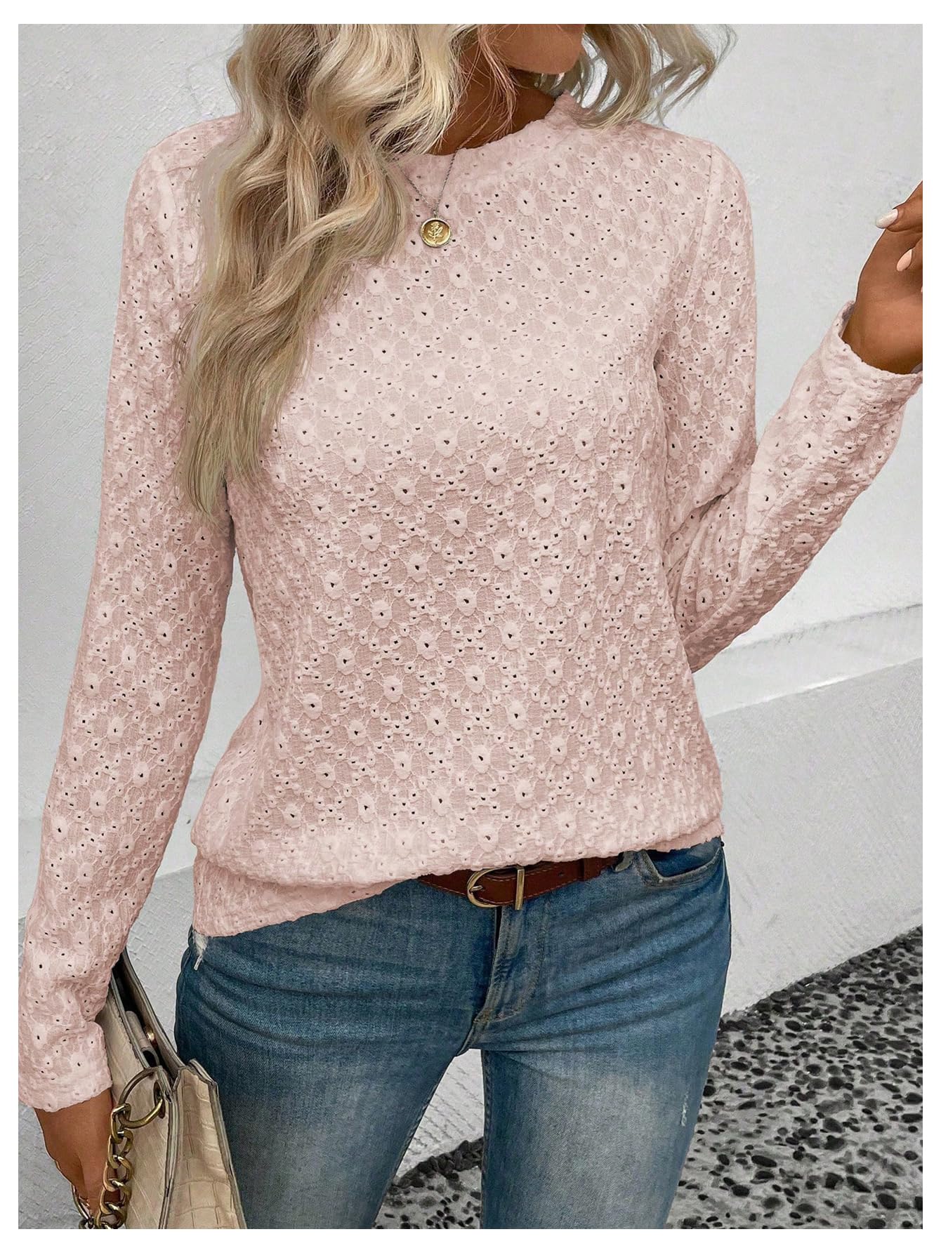 SweatyRocks Women's Eyelet Embroidery Long Sleeve Eyelet Tops