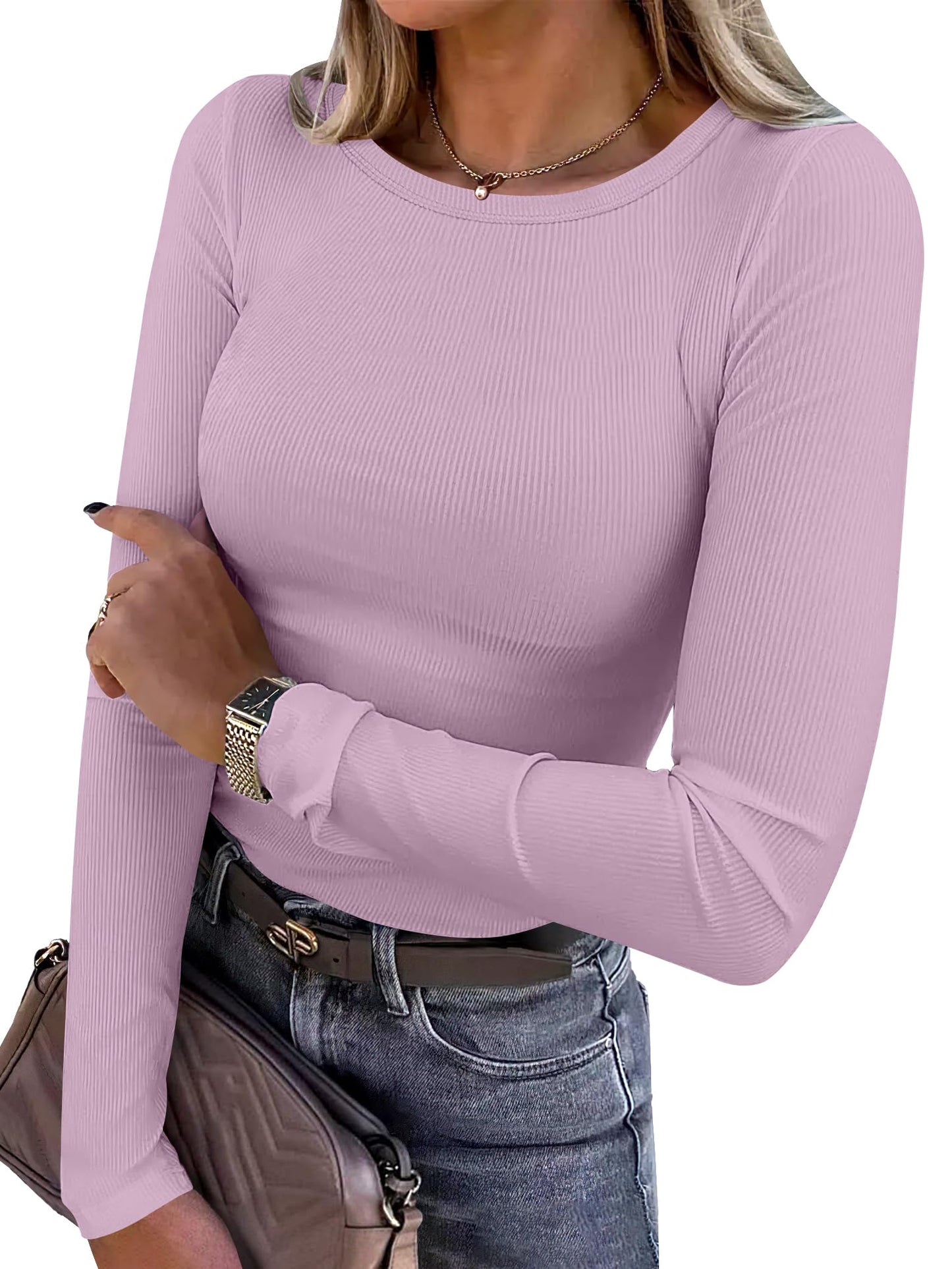 Women Long Sleeve Crewneck Rib Knit Slim Fit Shirts Basic Tee Tops
