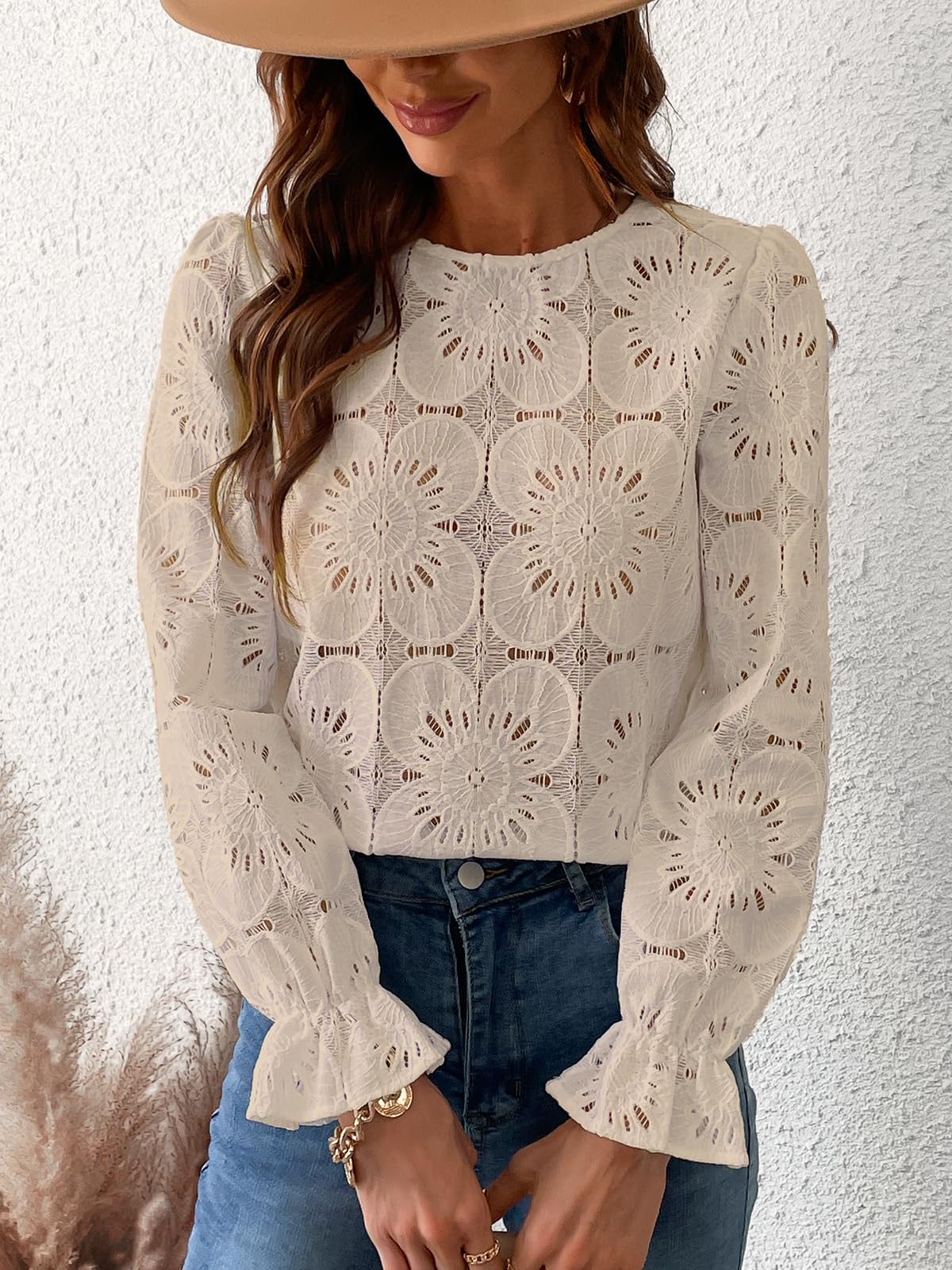 Women Eyelet Long Sleeve Tops