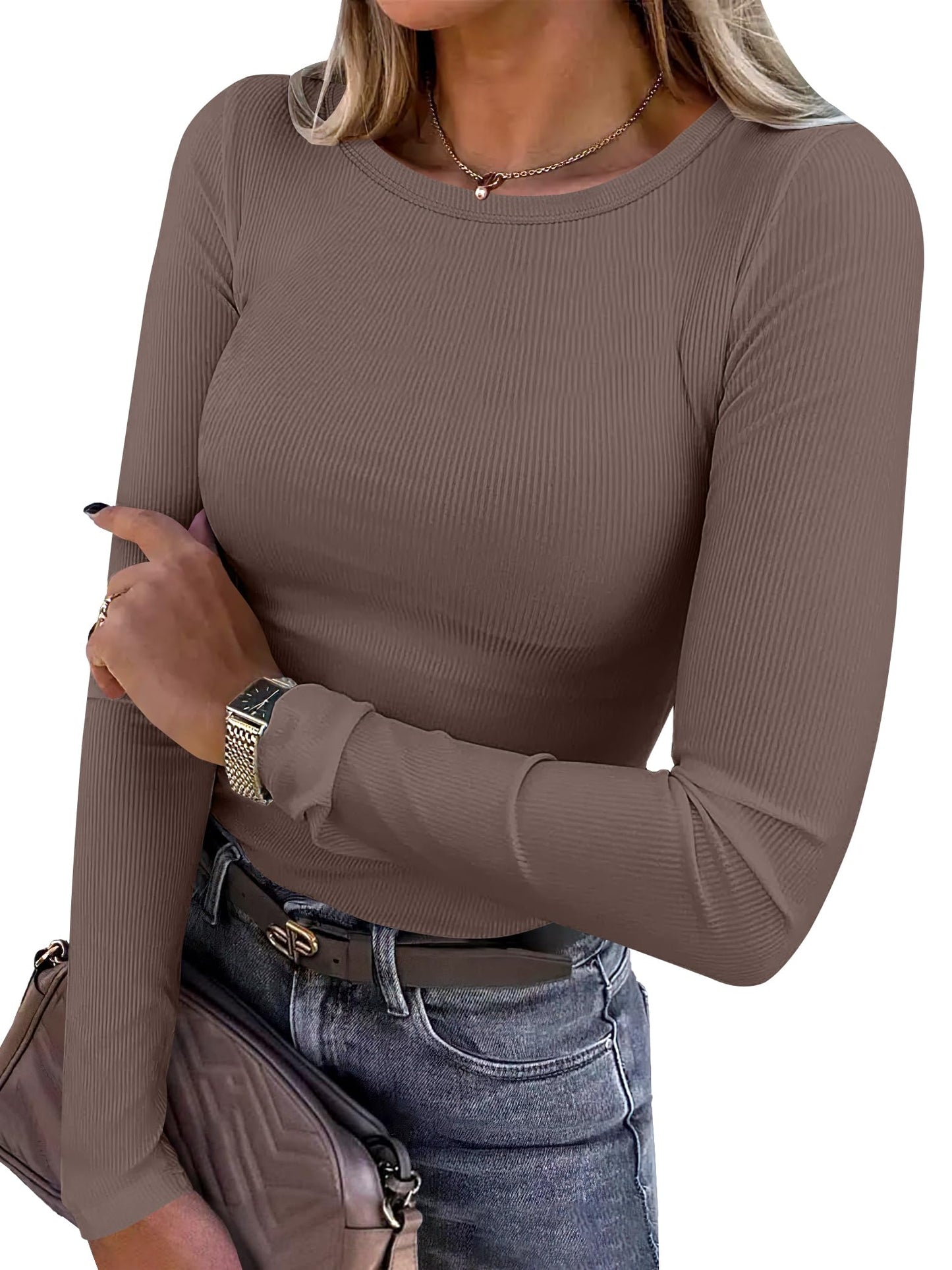 Women Long Sleeve Crewneck Rib Knit Slim Fit Shirts Basic Tee Tops