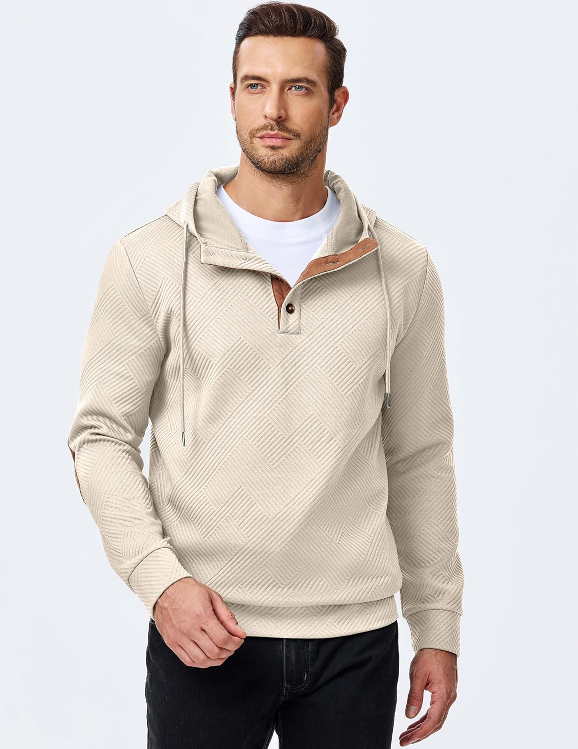 JMIERR Mens Hoodies Casual Cotton Textured Long Sleeve Half Button Pullover Hooded Sweatshirts