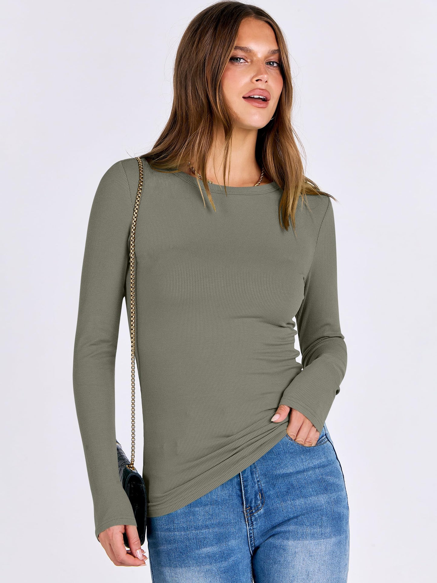 Women Long Sleeve Crewneck Rib Knit Slim Fit Shirts Basic Tee Tops