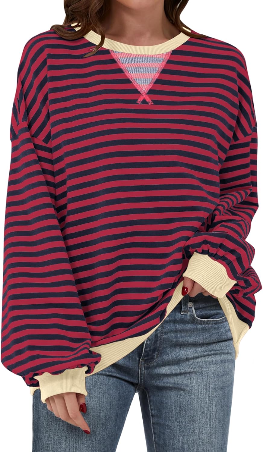 Women Striped Oversized Sweatshirt Long Sleeve Crewneck Shirts 2024 Fall Fashion Pullover Sweater Trendy Clothes