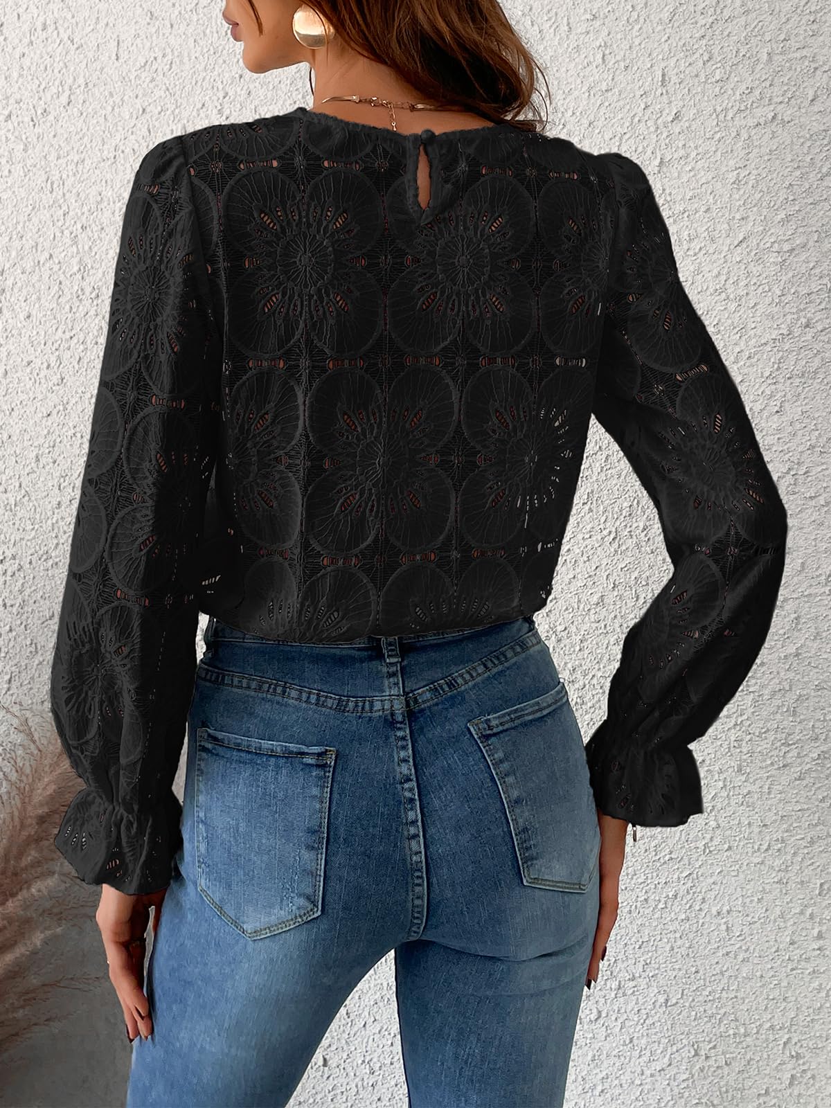 Women Eyelet Long Sleeve Tops