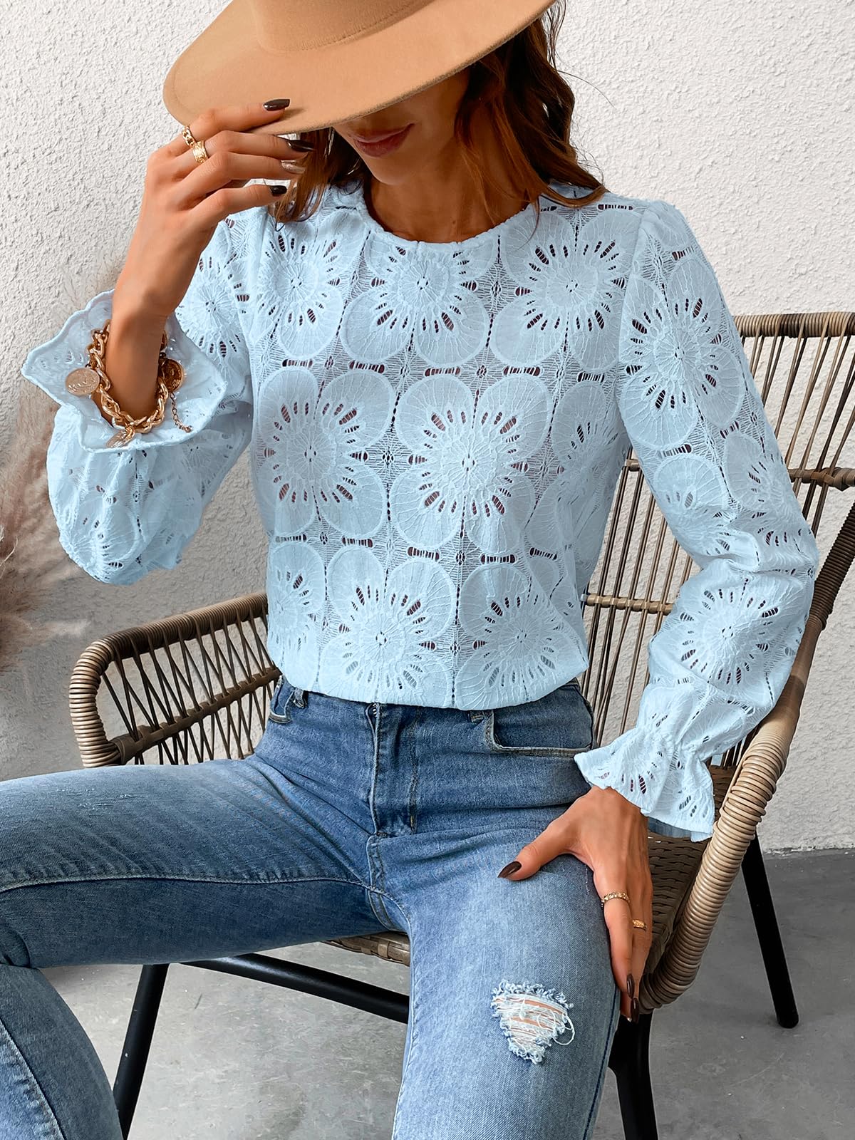 Women Eyelet Long Sleeve Tops