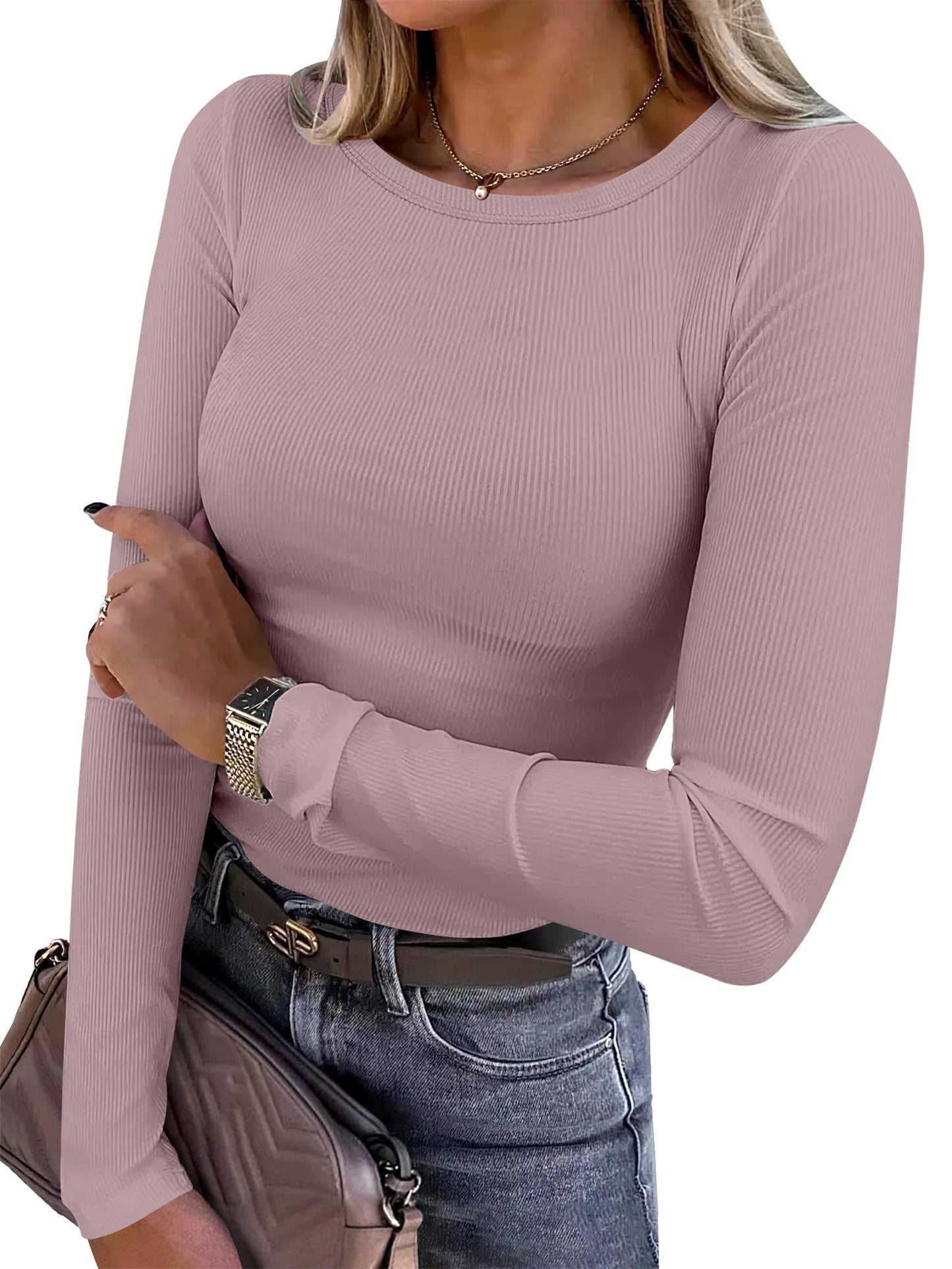 Women Long Sleeve Crewneck Rib Knit Slim Fit Shirts Basic Tee Tops