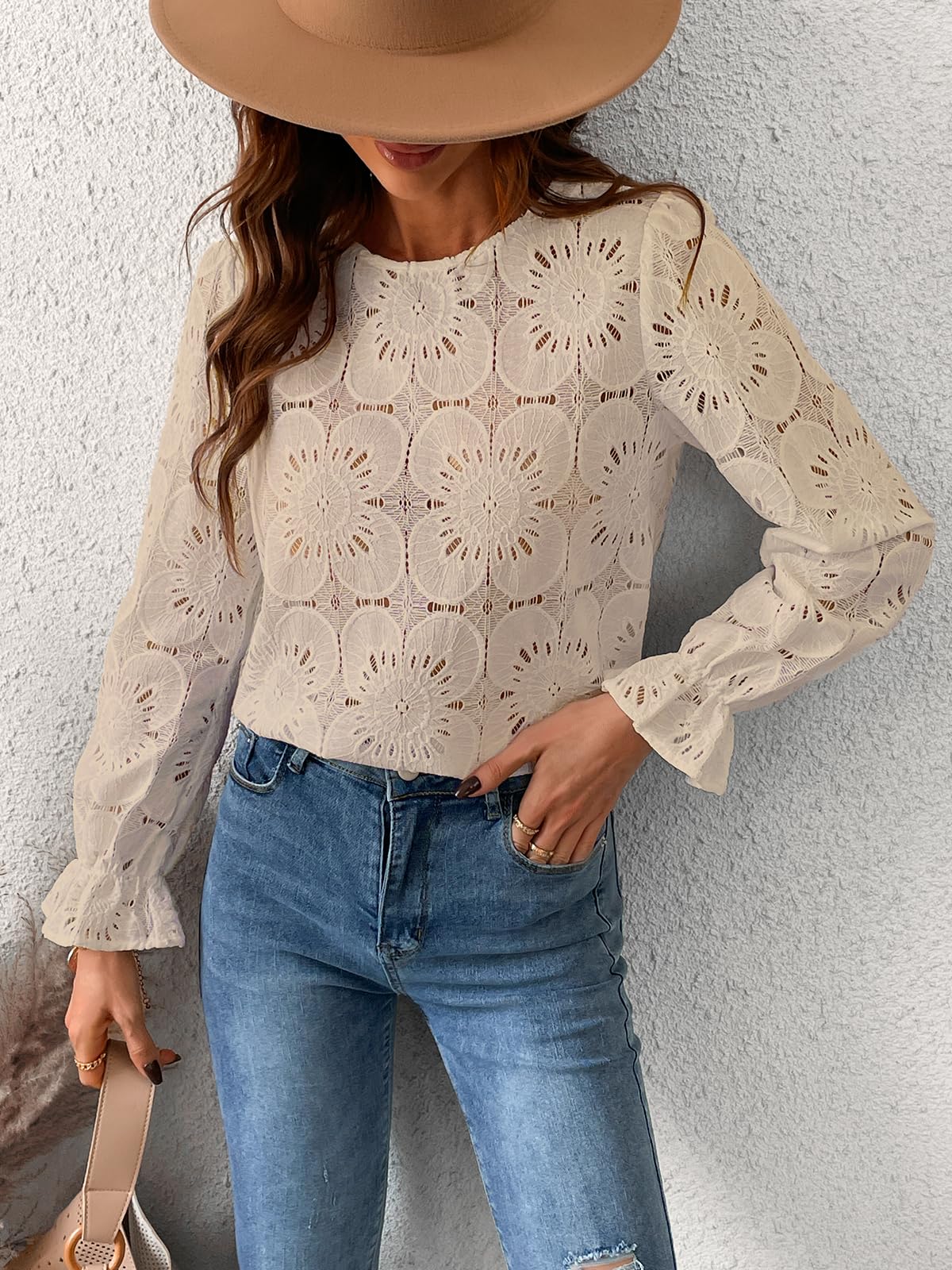 Women Eyelet Long Sleeve Tops