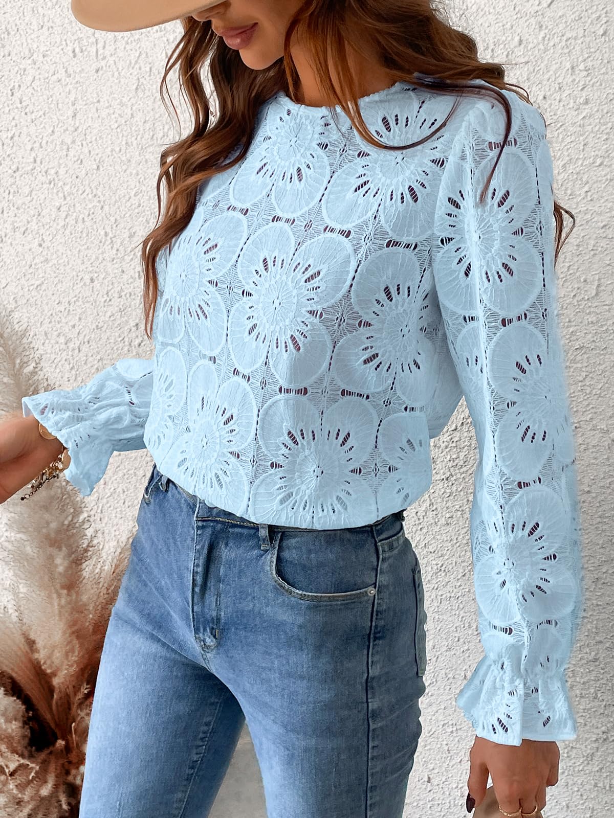 Women Eyelet Long Sleeve Tops