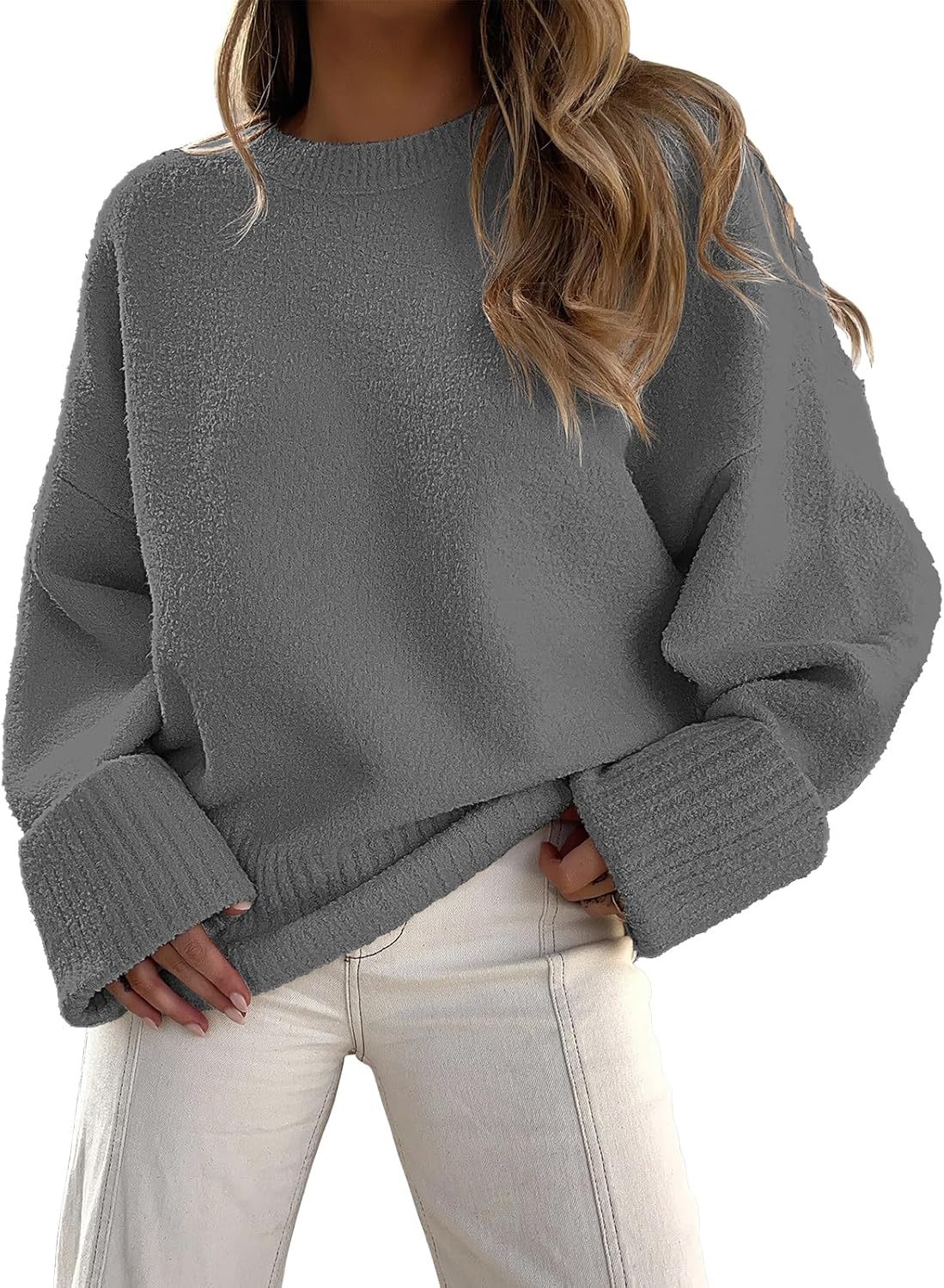 Women's Oversized Crewneck Long Sleeve Fuzzy Knit Casual Chunky Warm 2024 Fall Pullover Sweaters Top Trendy Outfits