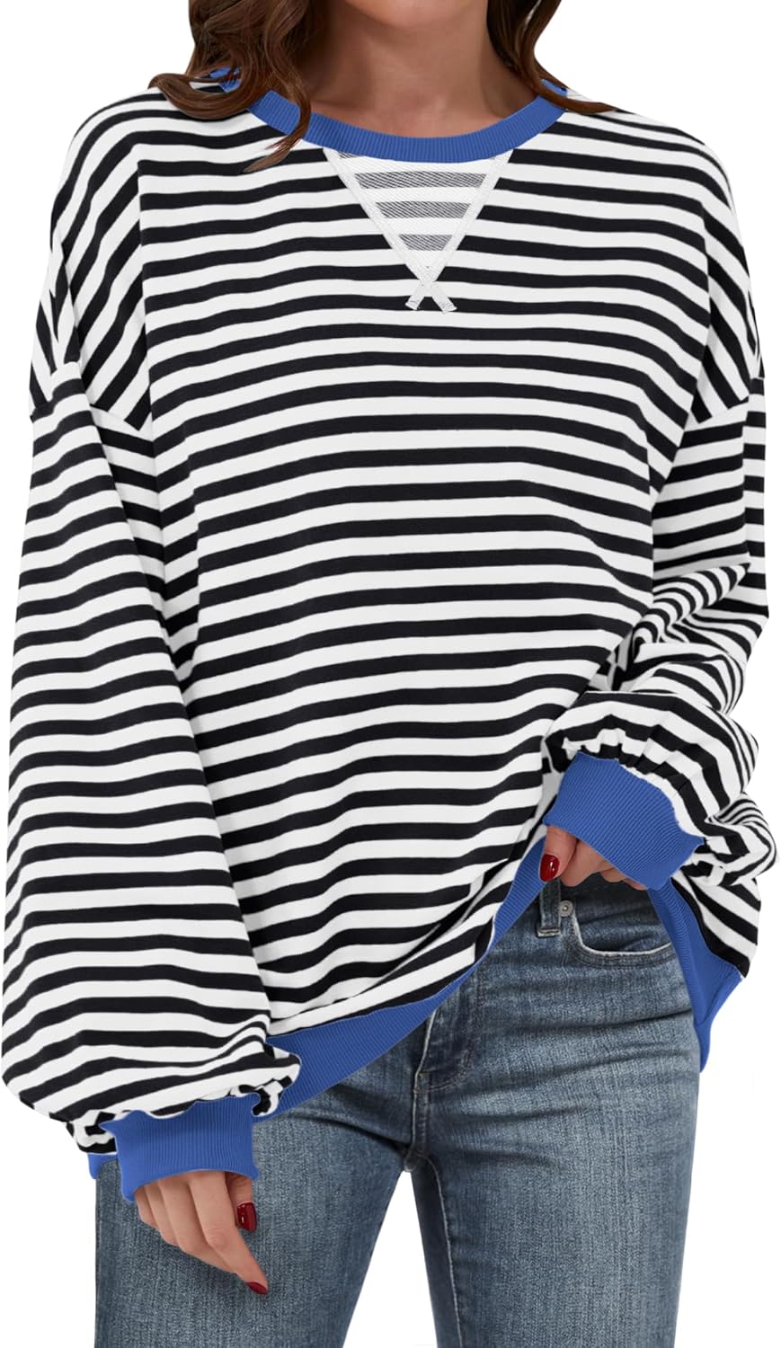 Women Striped Oversized Sweatshirt Long Sleeve Crewneck Shirts 2024 Fall Fashion Pullover Sweater Trendy Clothes