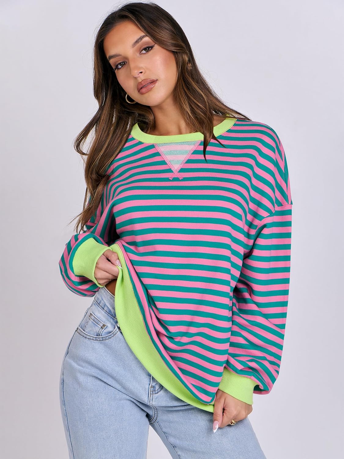 Women Striped Oversized Sweatshirt Long Sleeve Crewneck Shirts 2024 Fall Fashion Pullover Sweater Trendy Clothes