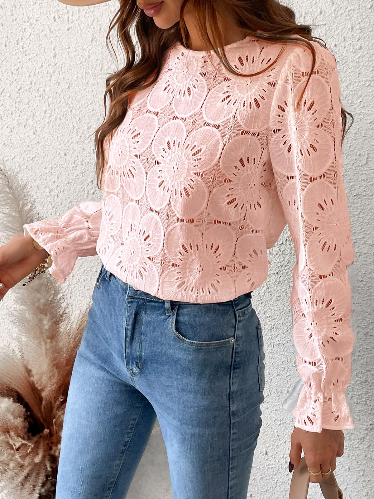 Women Eyelet Long Sleeve Tops