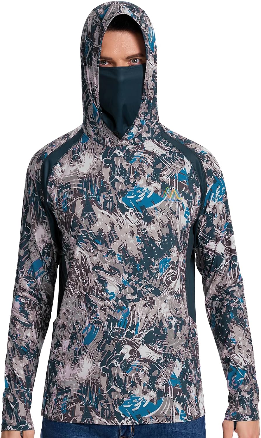 Men's UPF 50+ Hoodie Shirt with Mask Long Sleeve Permanent UV Sun Protection Neck Gaiter Performance T for Outdoor