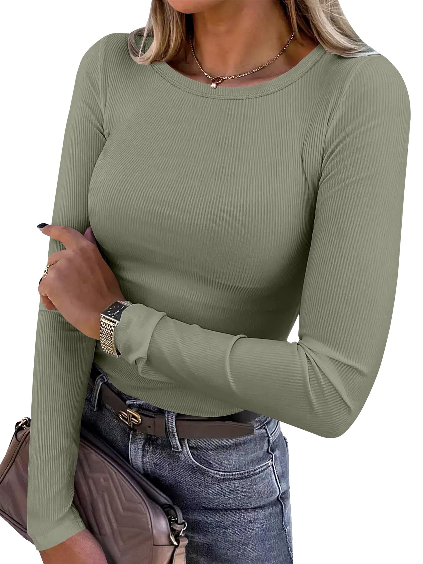 Women Long Sleeve Crewneck Rib Knit Slim Fit Shirts Basic Tee Tops