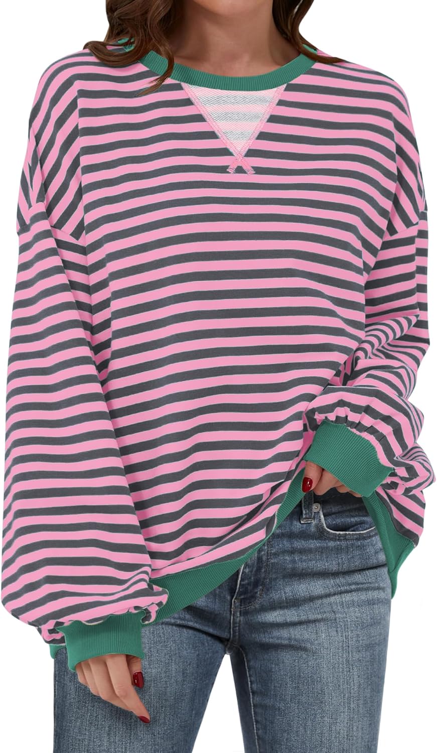 Women Striped Oversized Sweatshirt Long Sleeve Crewneck Shirts 2024 Fall Fashion Pullover Sweater Trendy Clothes