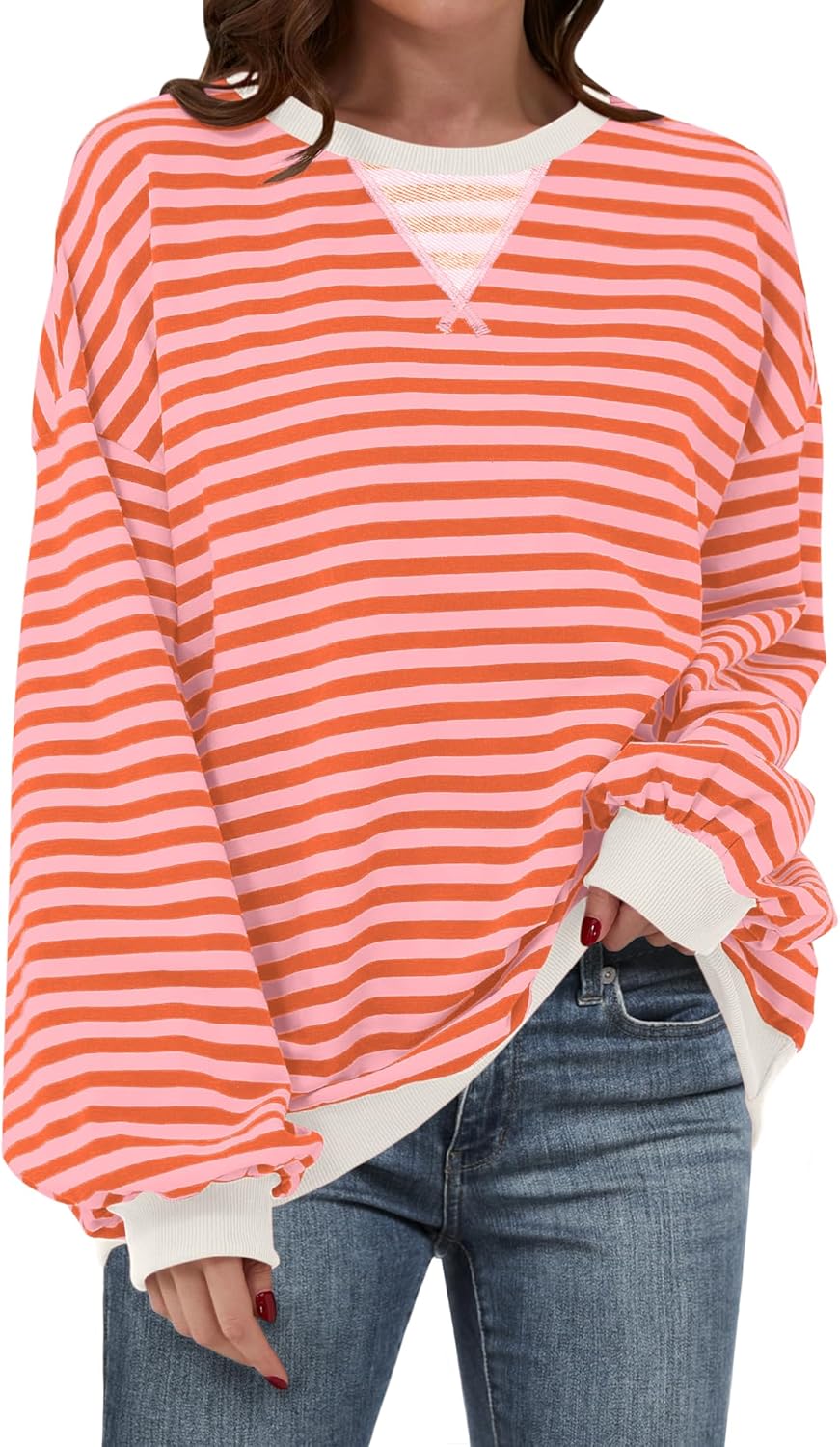 Women Striped Oversized Sweatshirt Long Sleeve Crewneck Shirts 2024 Fall Fashion Pullover Sweater Trendy Clothes