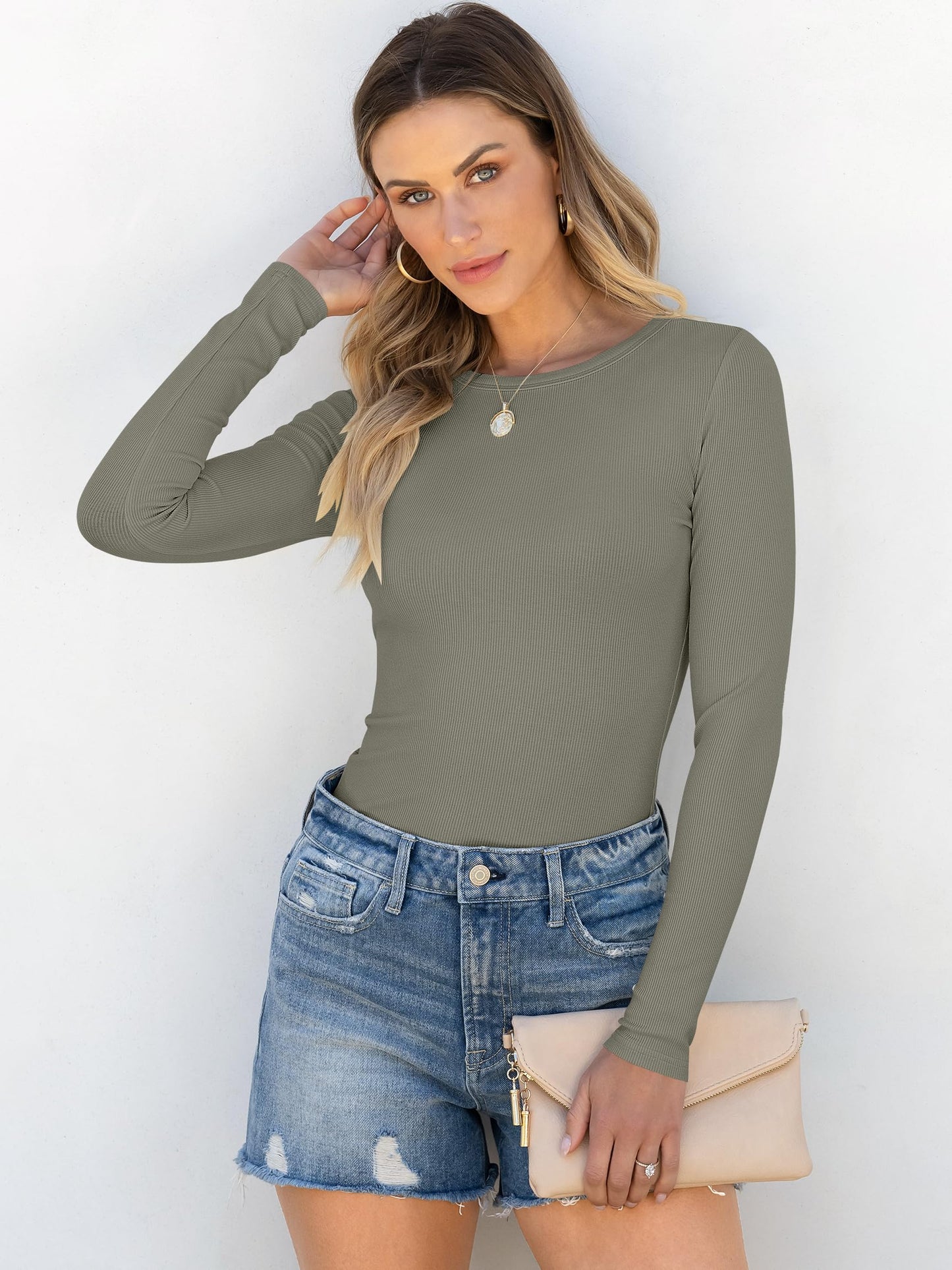 Women Long Sleeve Crewneck Rib Knit Slim Fit Shirts Basic Tee Tops