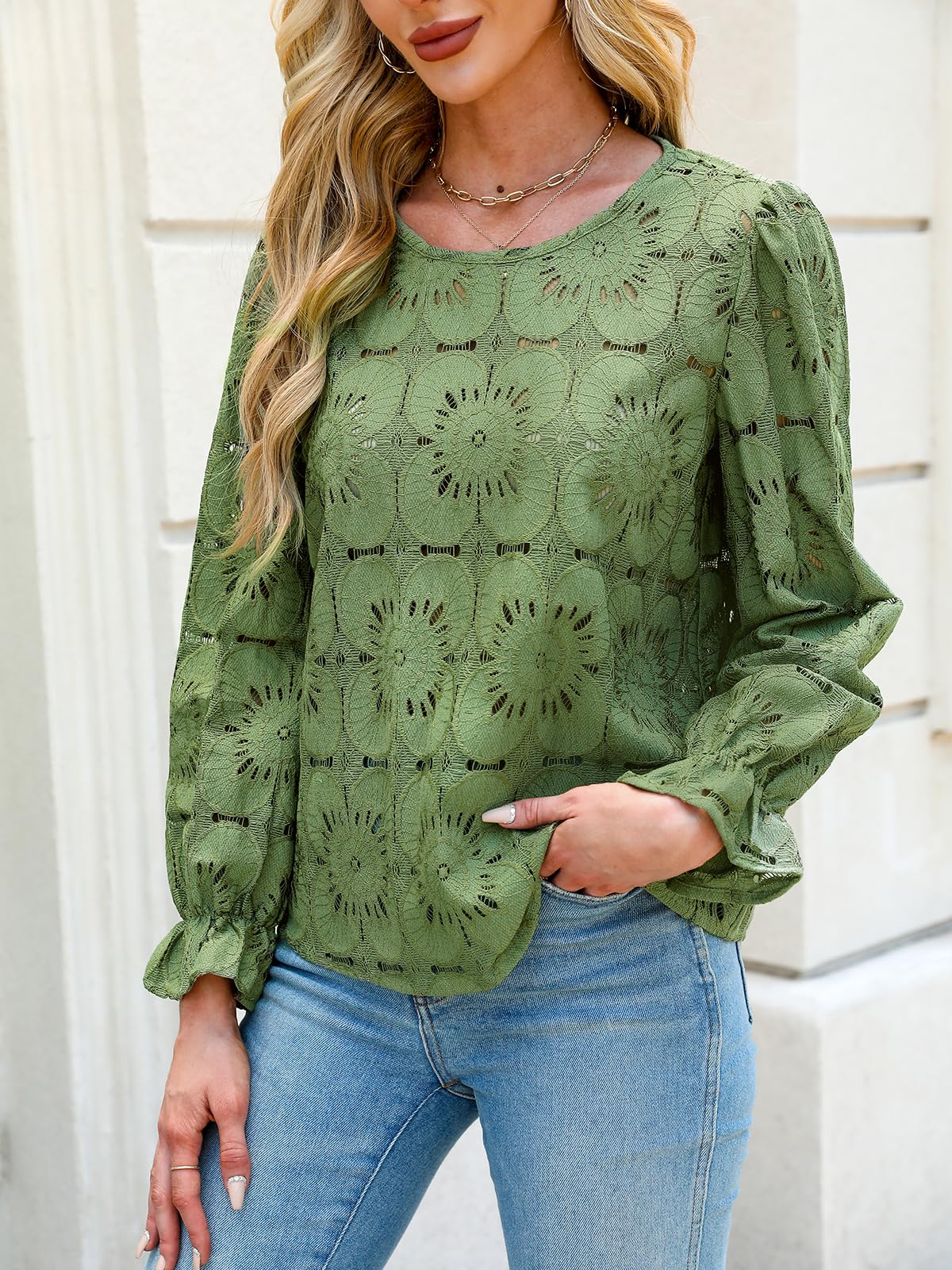 Women Eyelet Long Sleeve Tops